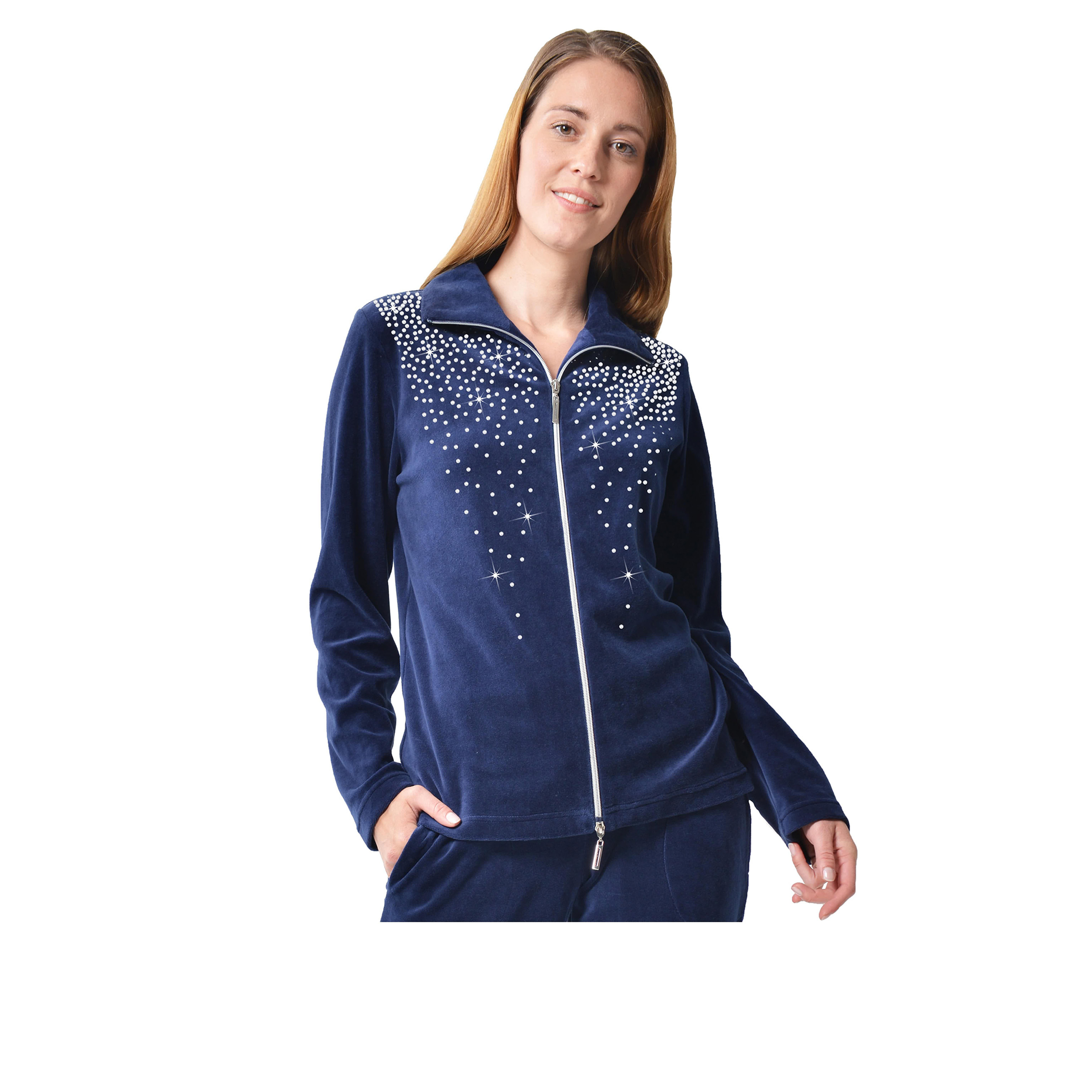 DESEN Damen Freizeitjacke Hausjacke Bluse Mit Reißverschluss Sport Heller Strassstein Hoher Baumwollanteil Ohne Kappe