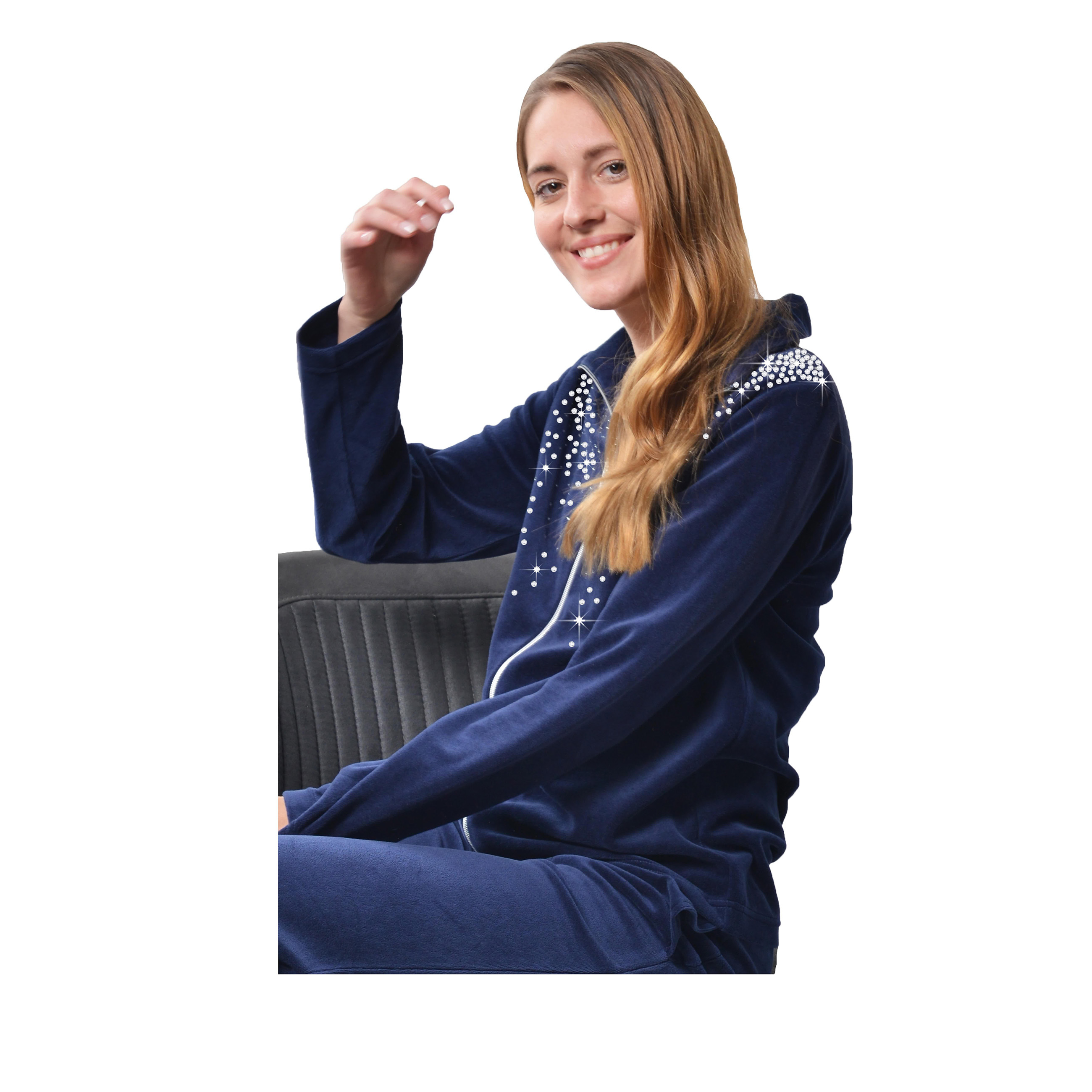 DESEN Damen Freizeitjacke Hausjacke Bluse Mit Reißverschluss Sport Heller Strassstein Hoher Baumwollanteil Ohne Kappe