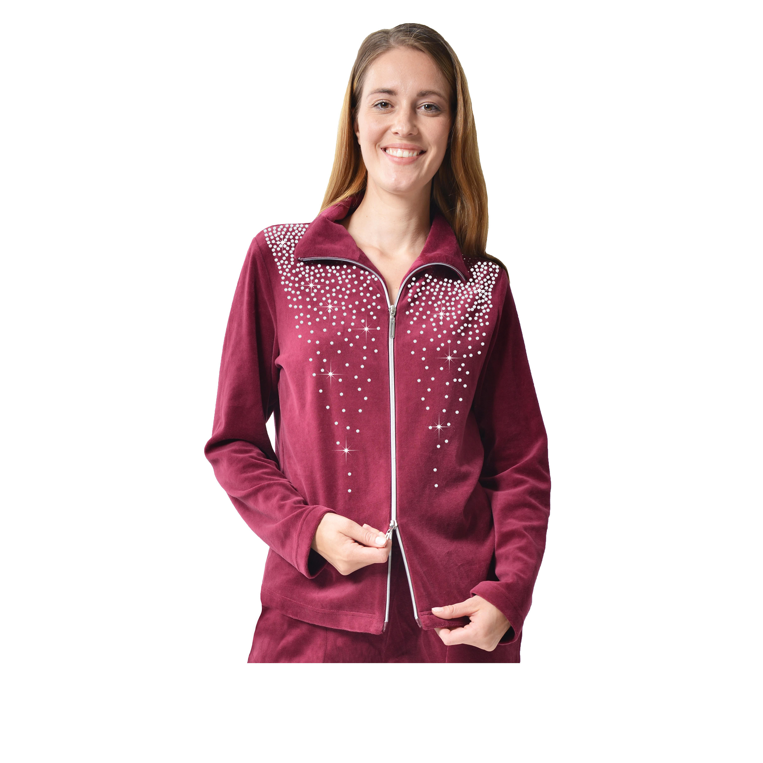 DESEN Damen Freizeitjacke Hausjacke Bluse Mit Reißverschluss Sport Heller Strassstein Hoher Baumwollanteil Ohne Kappe