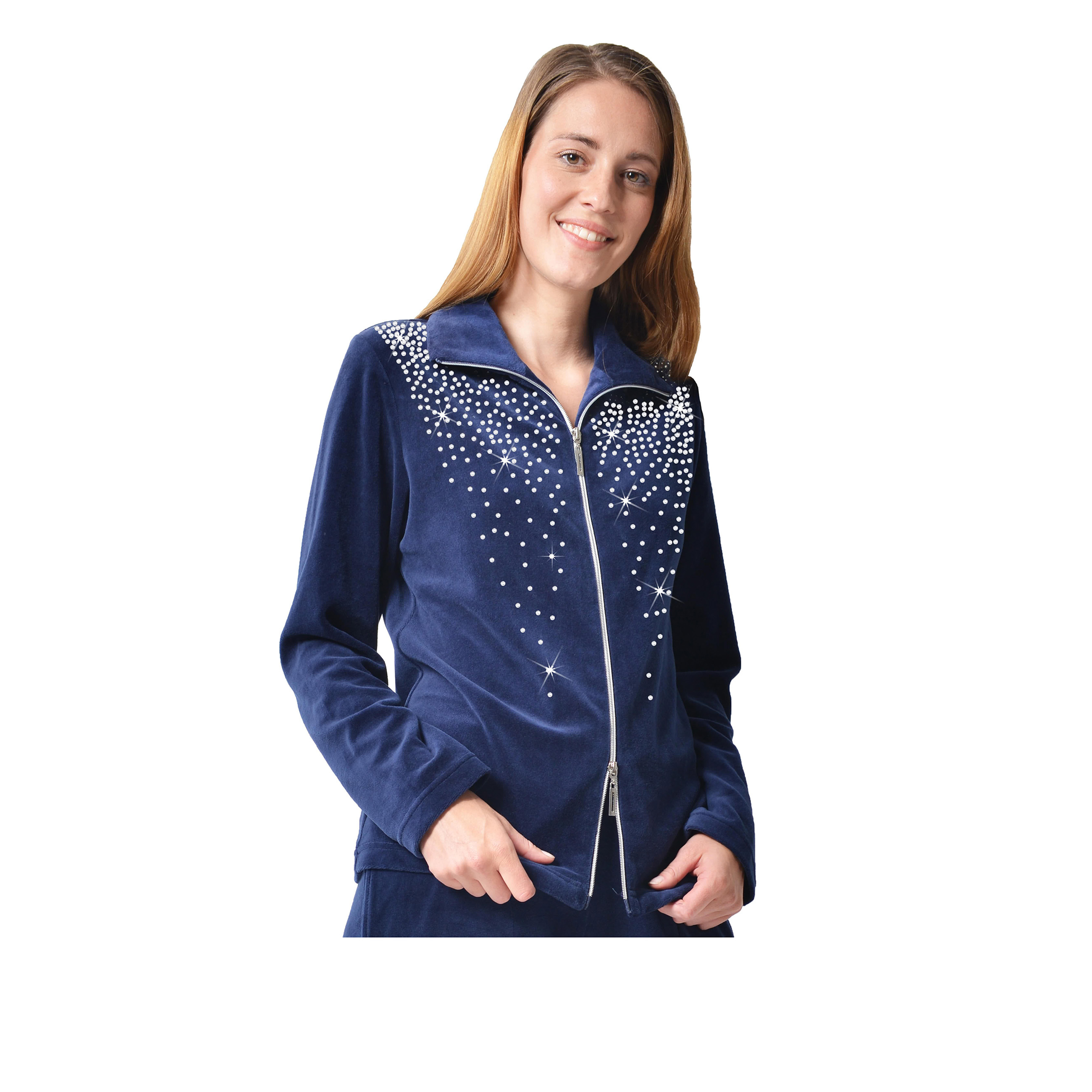 DESEN Damen Freizeitjacke Hausjacke Bluse Mit Reißverschluss Sport Heller Strassstein Hoher Baumwollanteil Ohne Kappe