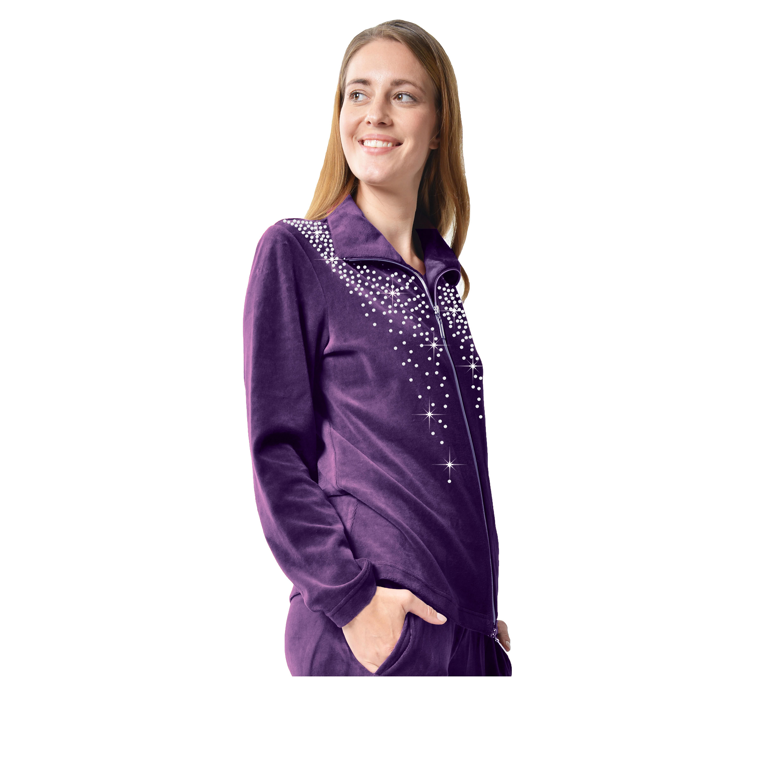 DESEN Damen Freizeitjacke Hausjacke Bluse Mit Reißverschluss Sport Heller Strassstein Hoher Baumwollanteil Ohne Kappe