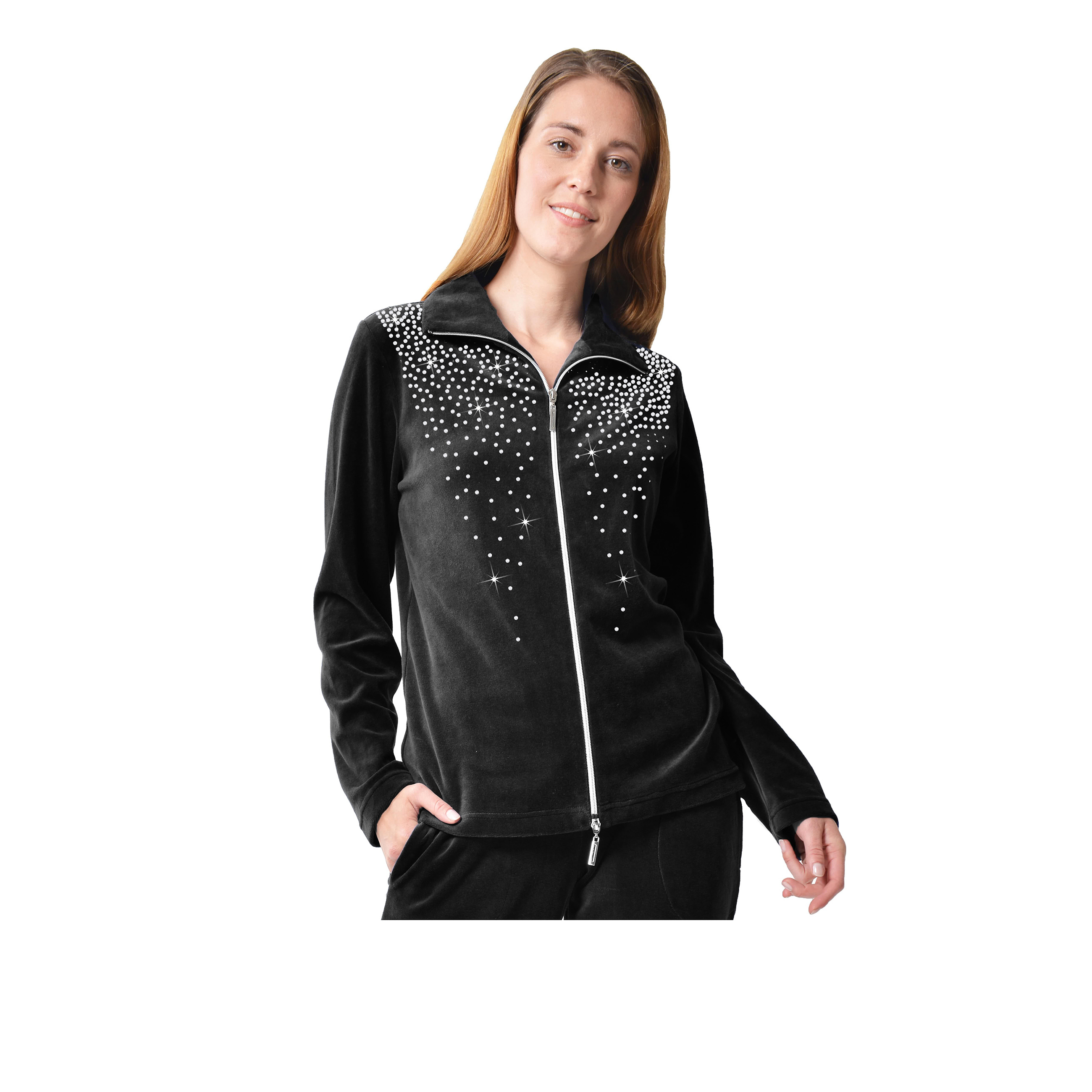 DESEN Damen Freizeitjacke Hausjacke Bluse Mit Reißverschluss Sport Heller Strassstein Hoher Baumwollanteil Ohne Kappe