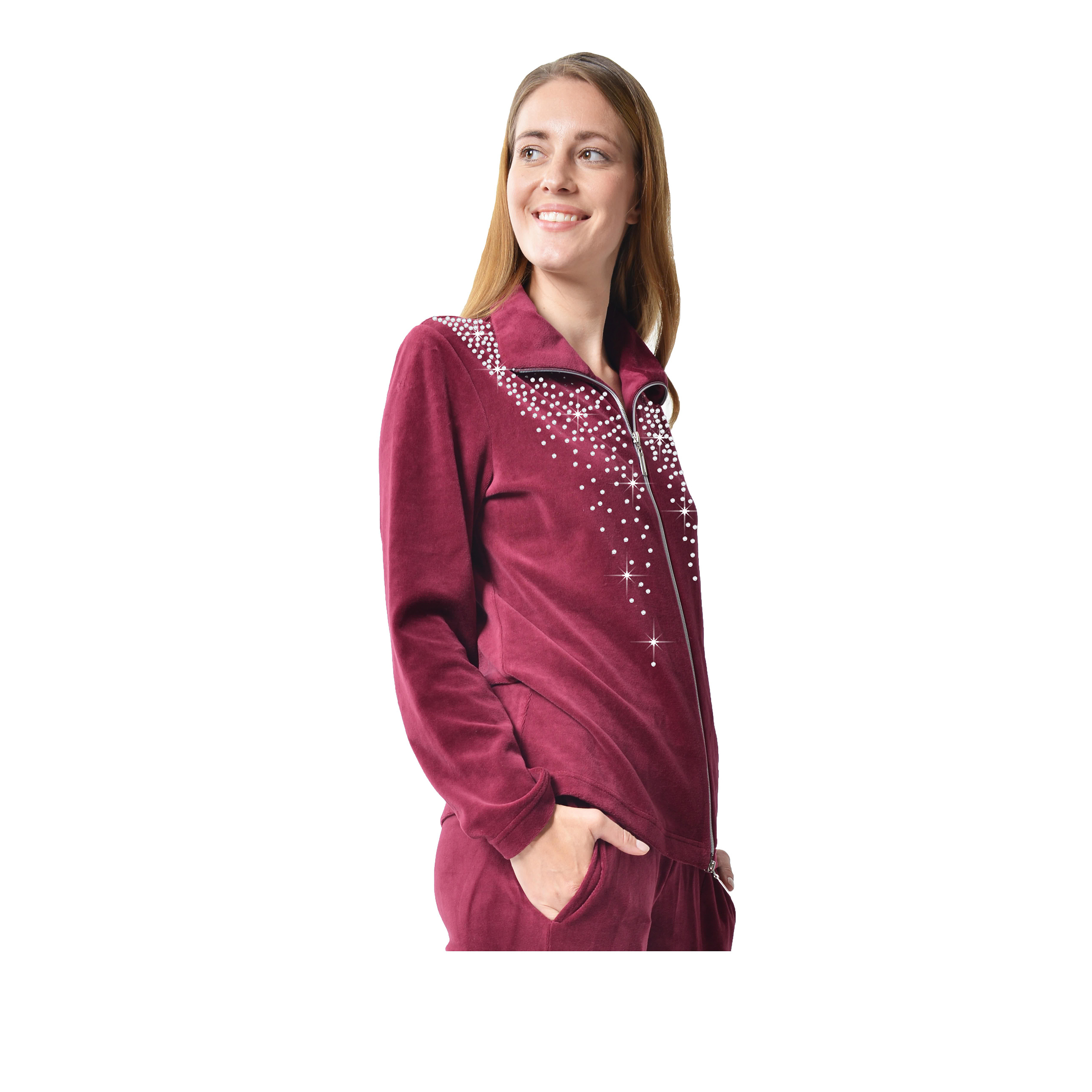 DESEN Damen Freizeitjacke Hausjacke Bluse Mit Reißverschluss Sport Heller Strassstein Hoher Baumwollanteil Ohne Kappe