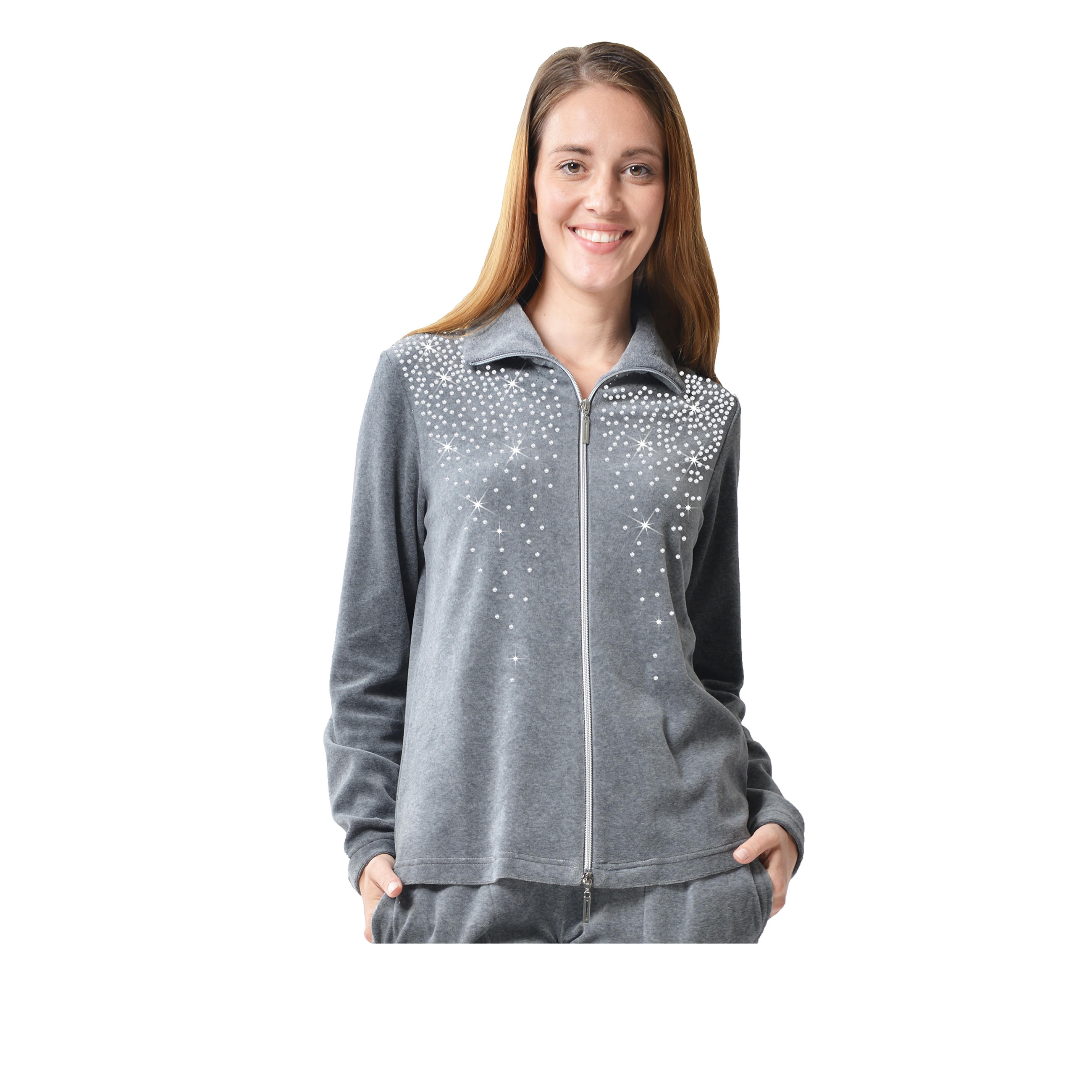 DESEN Damen Freizeitjacke Hausjacke Bluse Mit Reißverschluss Sport Heller Strassstein Hoher Baumwollanteil Ohne Kappe