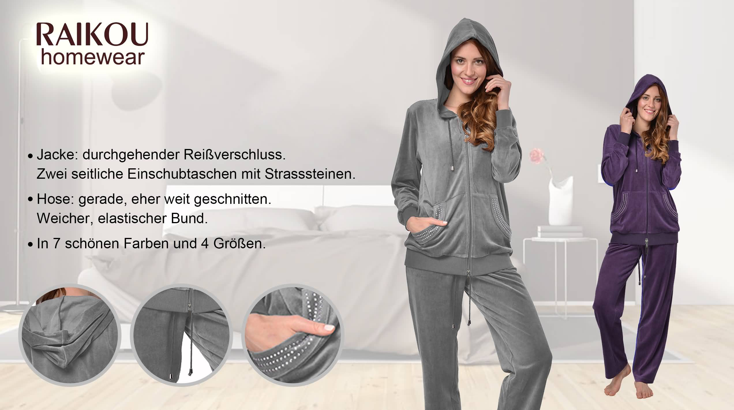 Raikou Damen Micro Velours Freizeitanzug Hausanzug mit Reißverschluss Nicki-Anzug Zweiteiliger Schlafanzug mit Strasssteinen