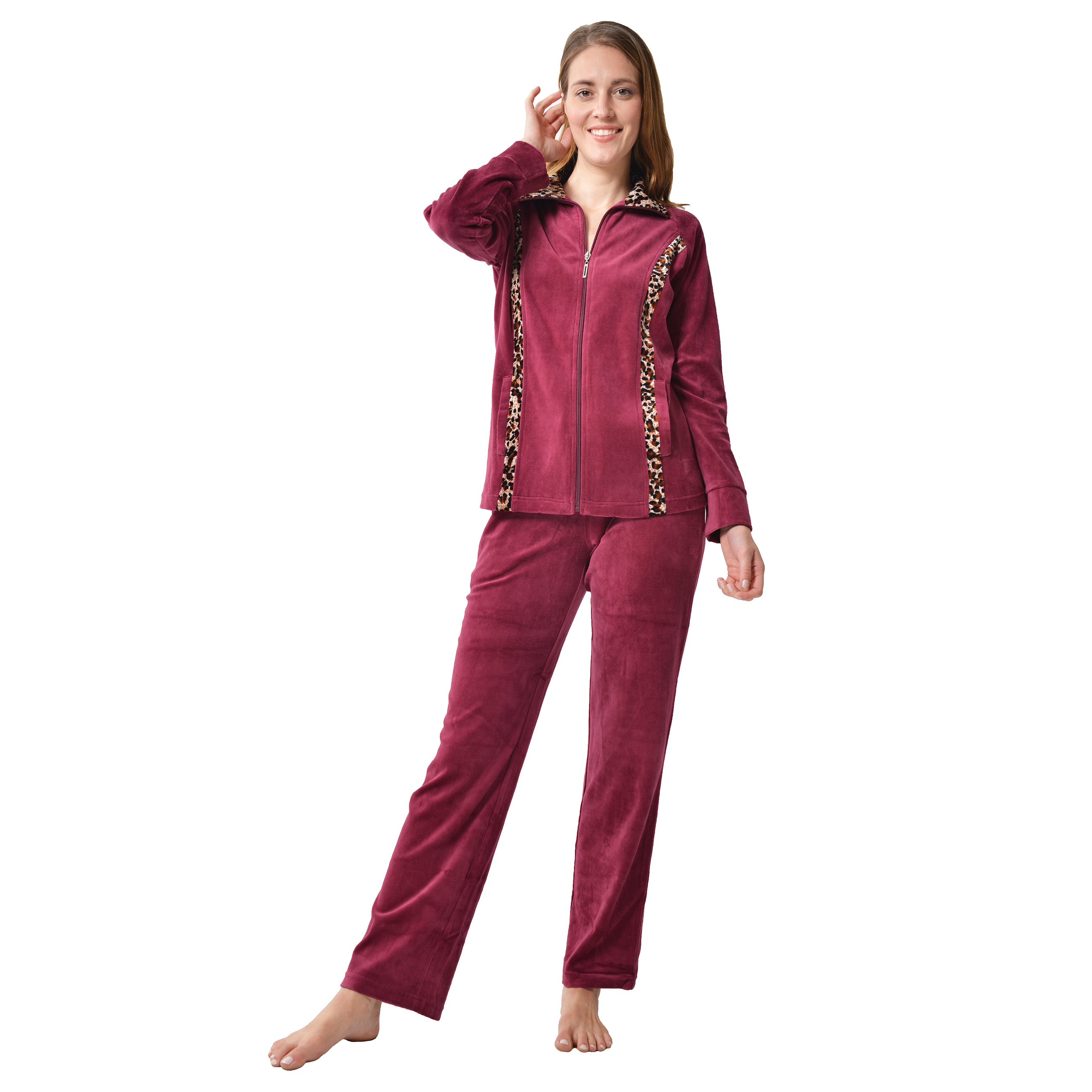 RAIKOU Nicki Velours Damen Hausanzug Freizeitanzug Jogginganzug mit Reißverschluss und Leo Print