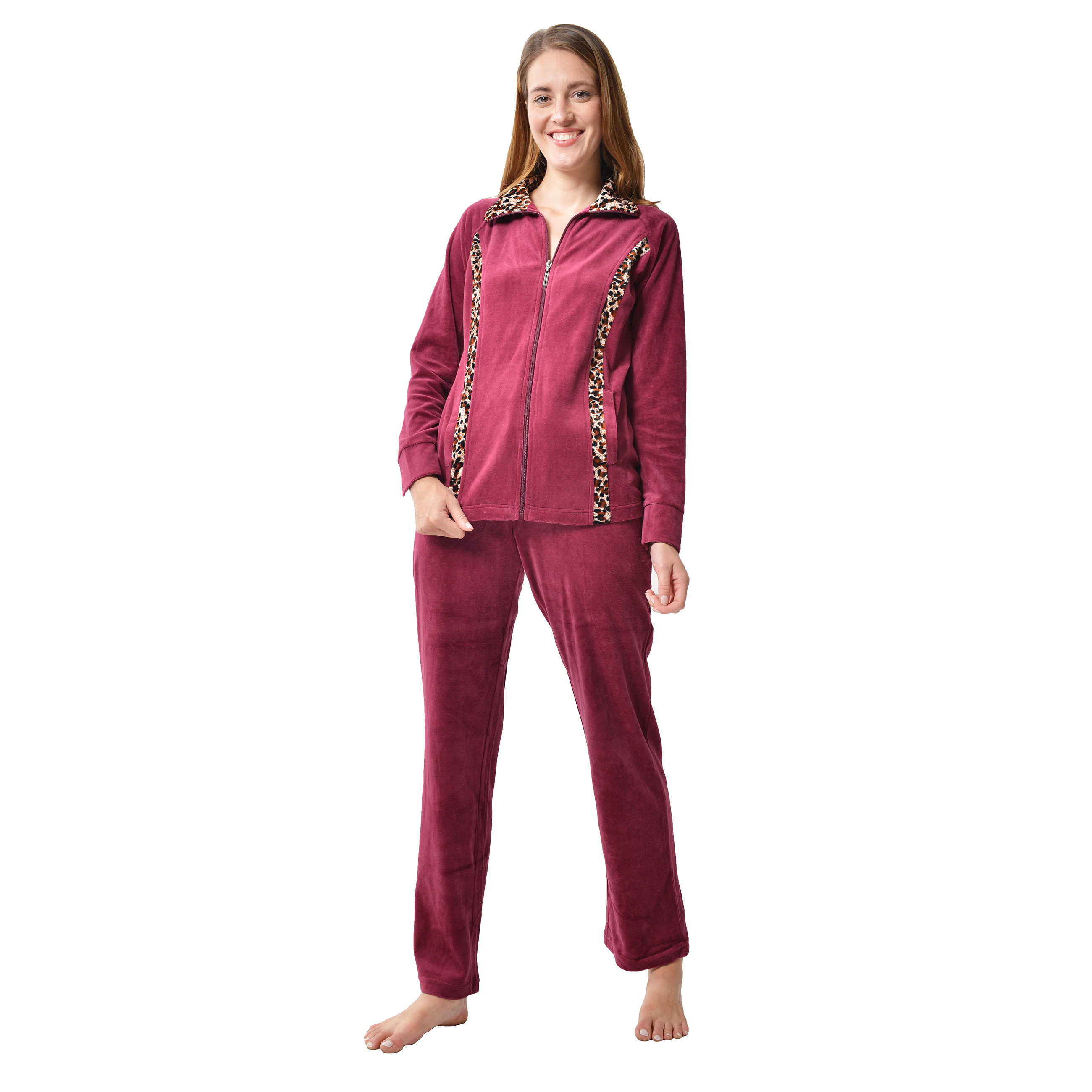 RAIKOU Nicki Velours Damen Hausanzug Freizeitanzug Jogginganzug mit Reißverschluss und Leo Print