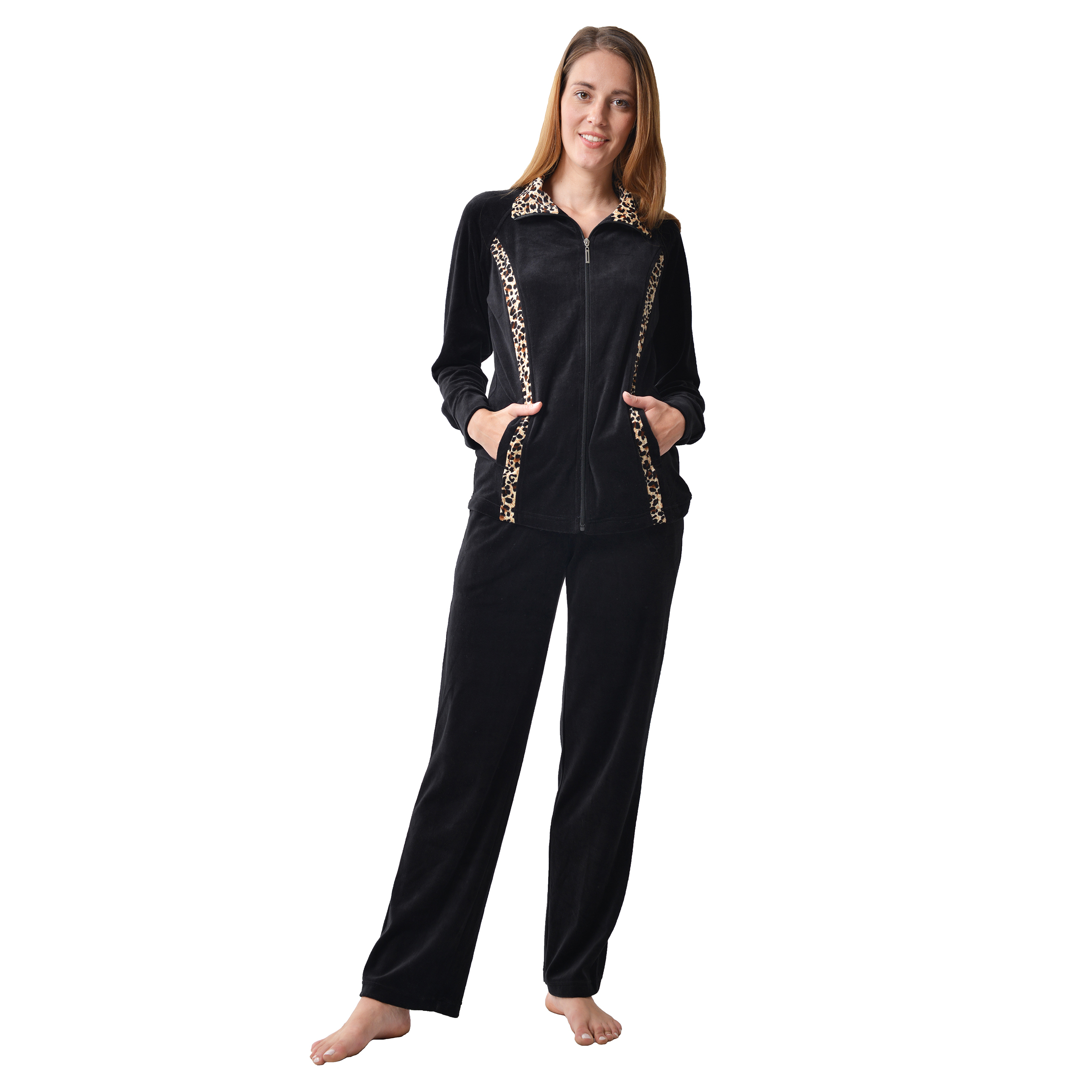 RAIKOU Nicki Velours Damen Hausanzug Freizeitanzug Jogginganzug mit Reißverschluss und Leo Print