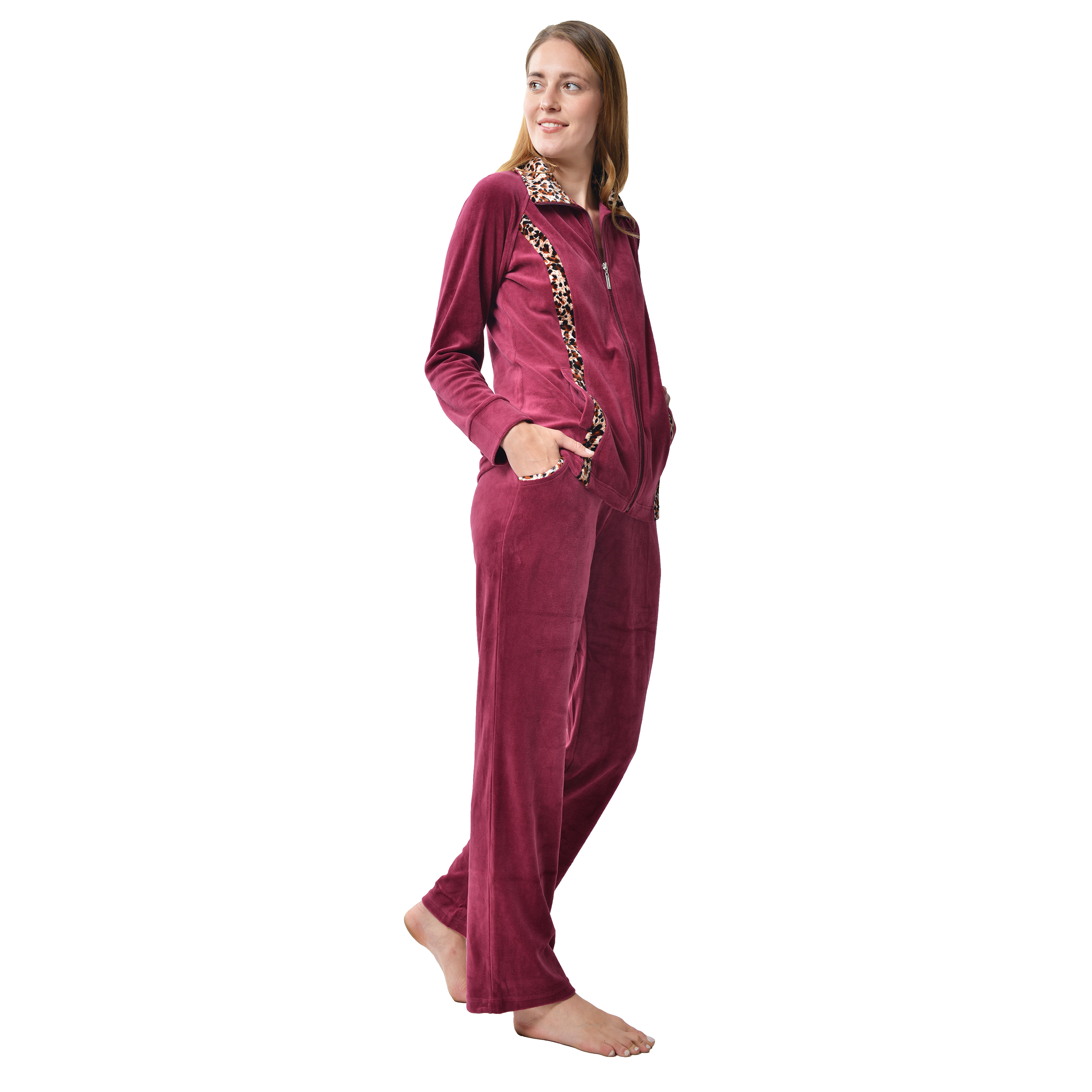 RAIKOU Nicki Velours Damen Hausanzug Freizeitanzug Jogginganzug mit Reißverschluss und Leo Print