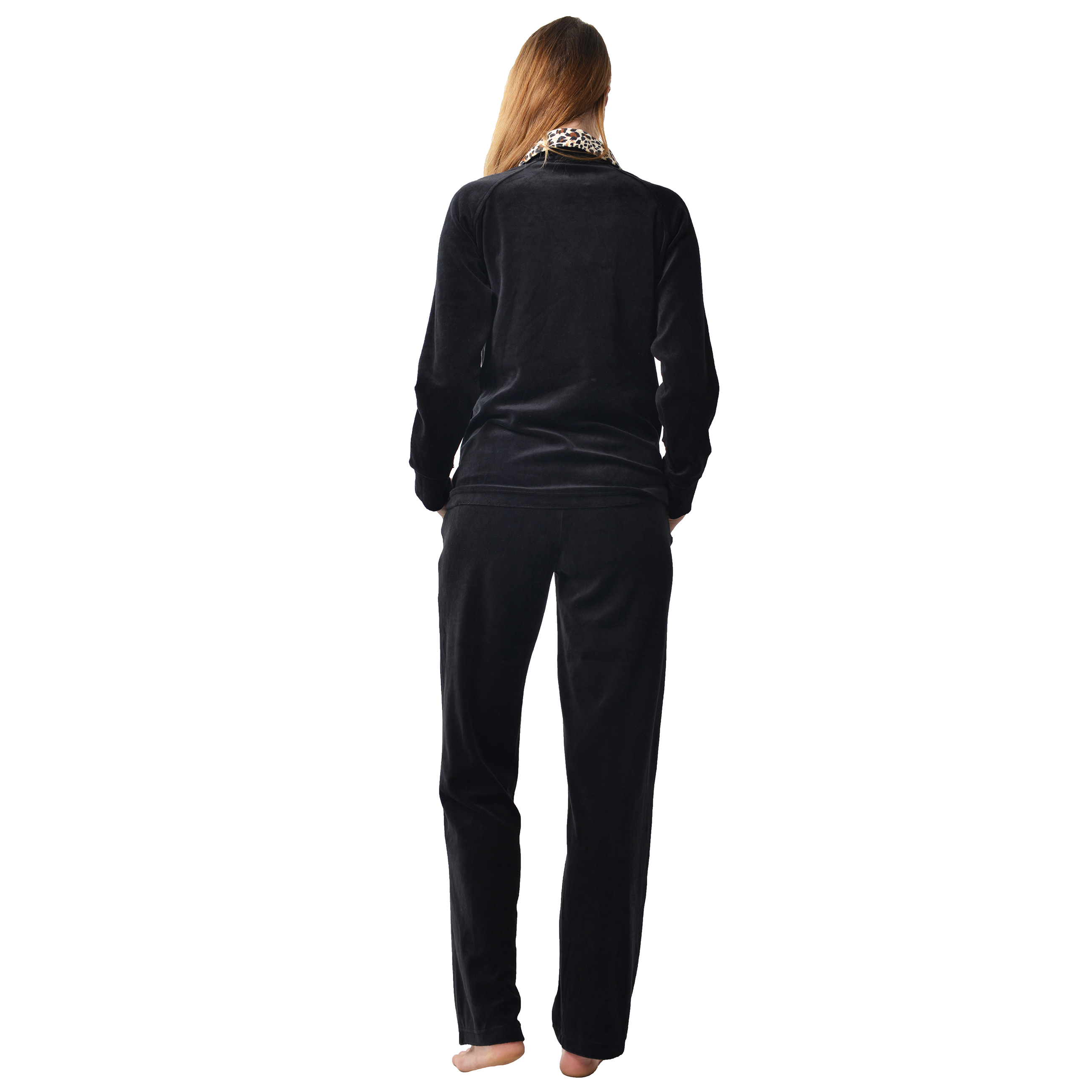 RAIKOU Nicki Velours Damen Hausanzug Freizeitanzug Jogginganzug mit Reißverschluss und Leo Print