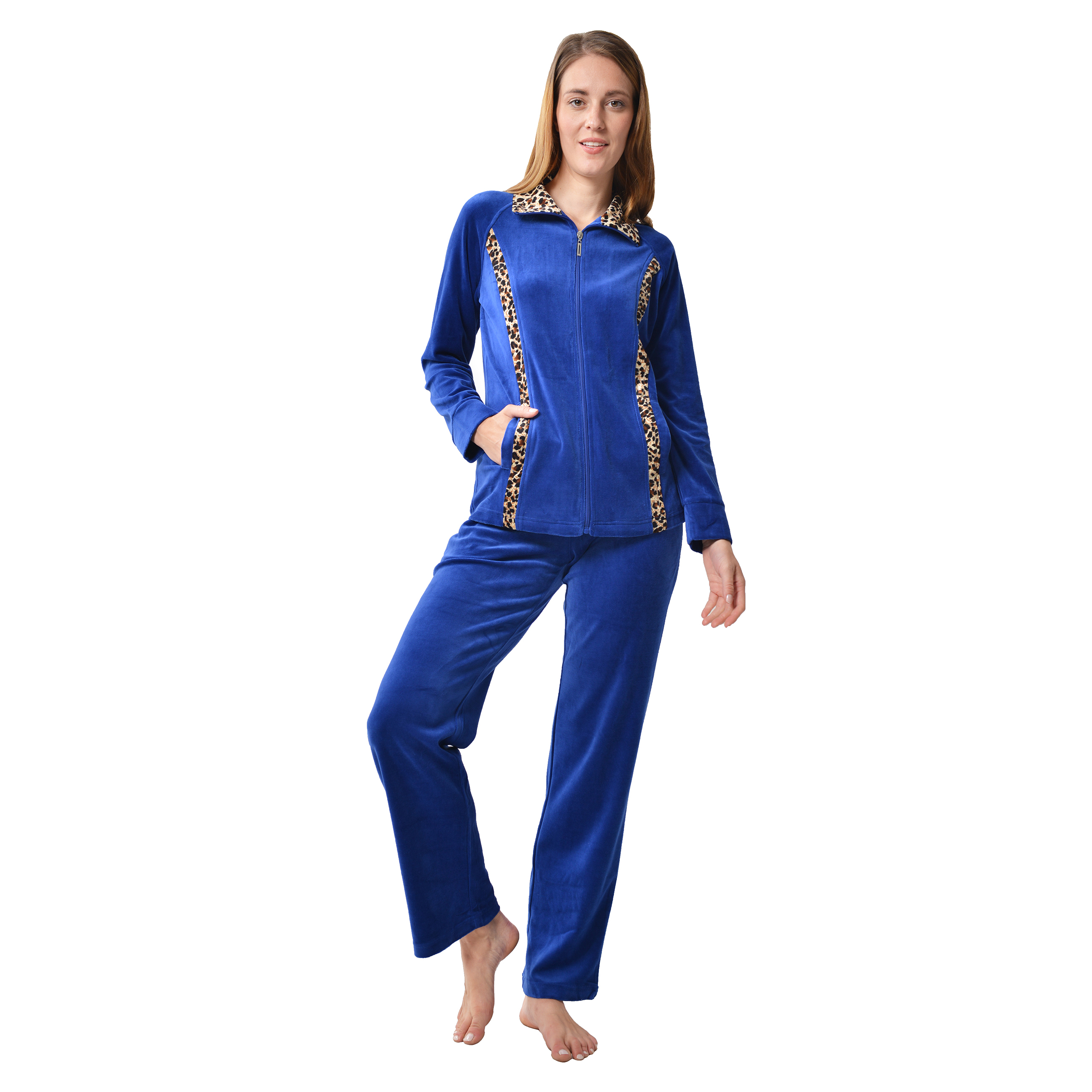 RAIKOU Nicki Velours Damen Hausanzug Freizeitanzug Jogginganzug mit Reißverschluss und Leo Print