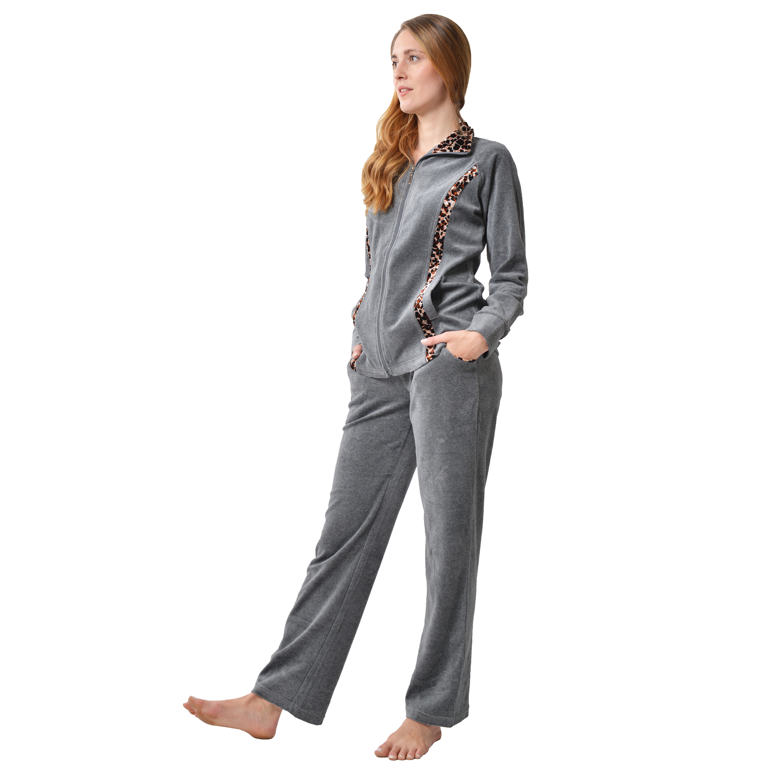 RAIKOU Nicki Velours Damen Hausanzug Freizeitanzug Jogginganzug mit Reißverschluss und Leo Print