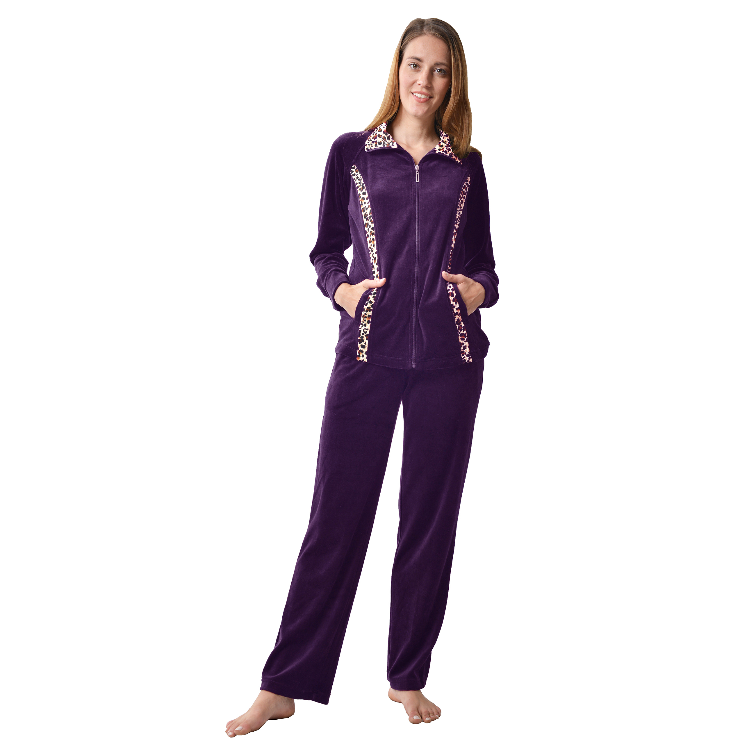 RAIKOU Nicki Velours Damen Hausanzug Freizeitanzug Jogginganzug mit Reißverschluss und Leo Print