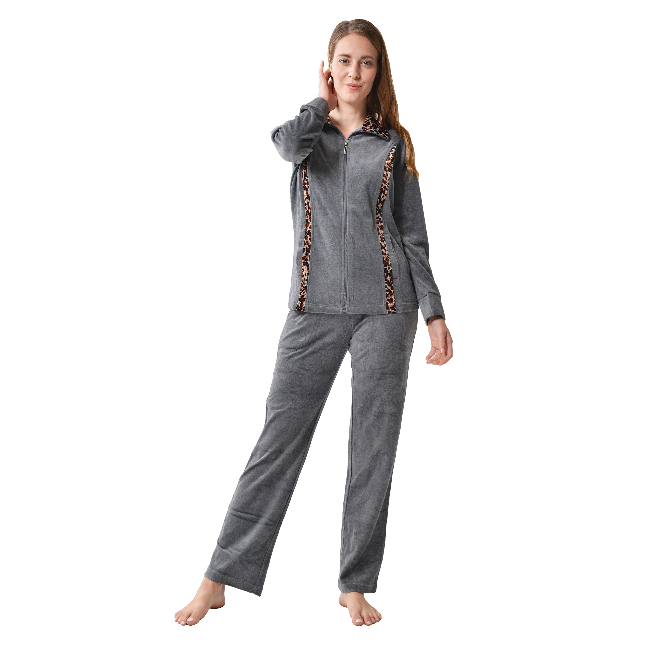 RAIKOU Nicki Velours Damen Hausanzug Freizeitanzug Jogginganzug mit Reißverschluss und Leo Print