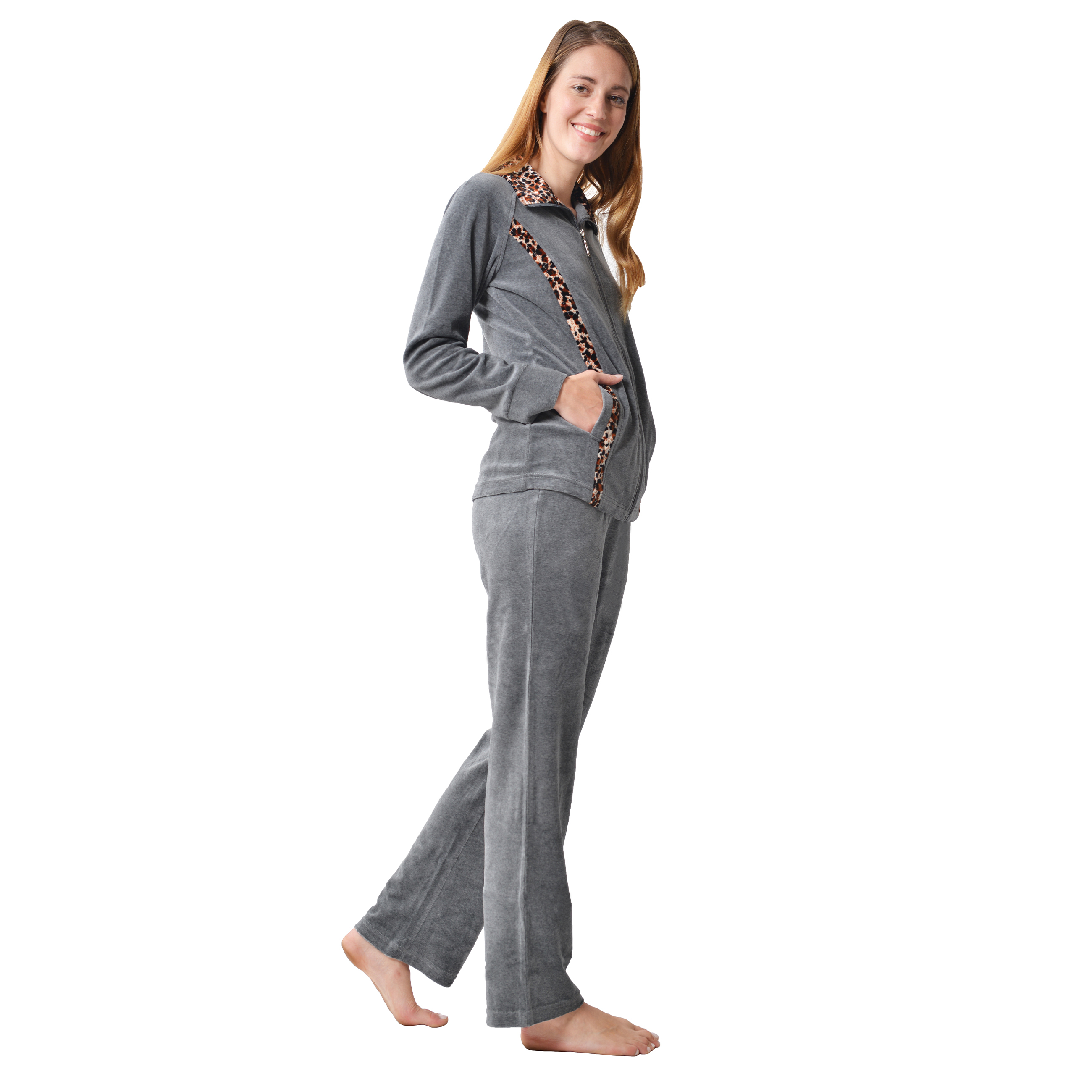 RAIKOU Nicki Velours Damen Hausanzug Freizeitanzug Jogginganzug mit Reißverschluss und Leo Print