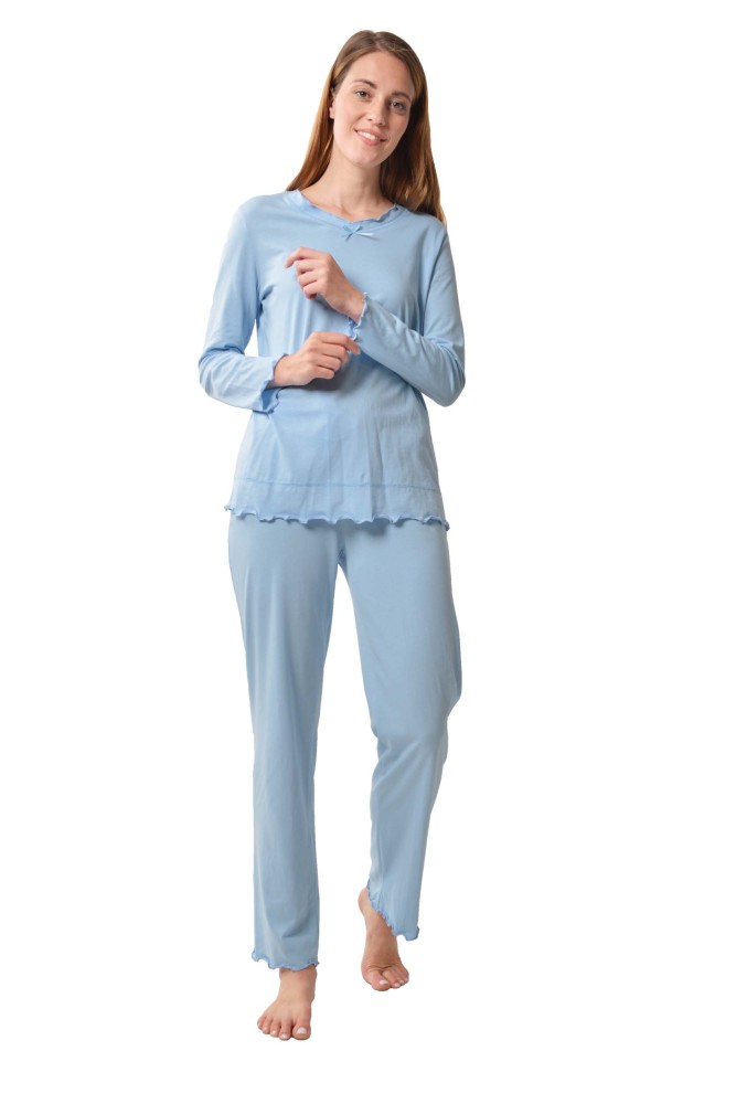 DESEN Damen Deluxe Pyjama aus 100% Baumwolle mit langen Ärmeln, Schlafanzugoberteil mit V-Ausschnitt, Schlafanzughose
