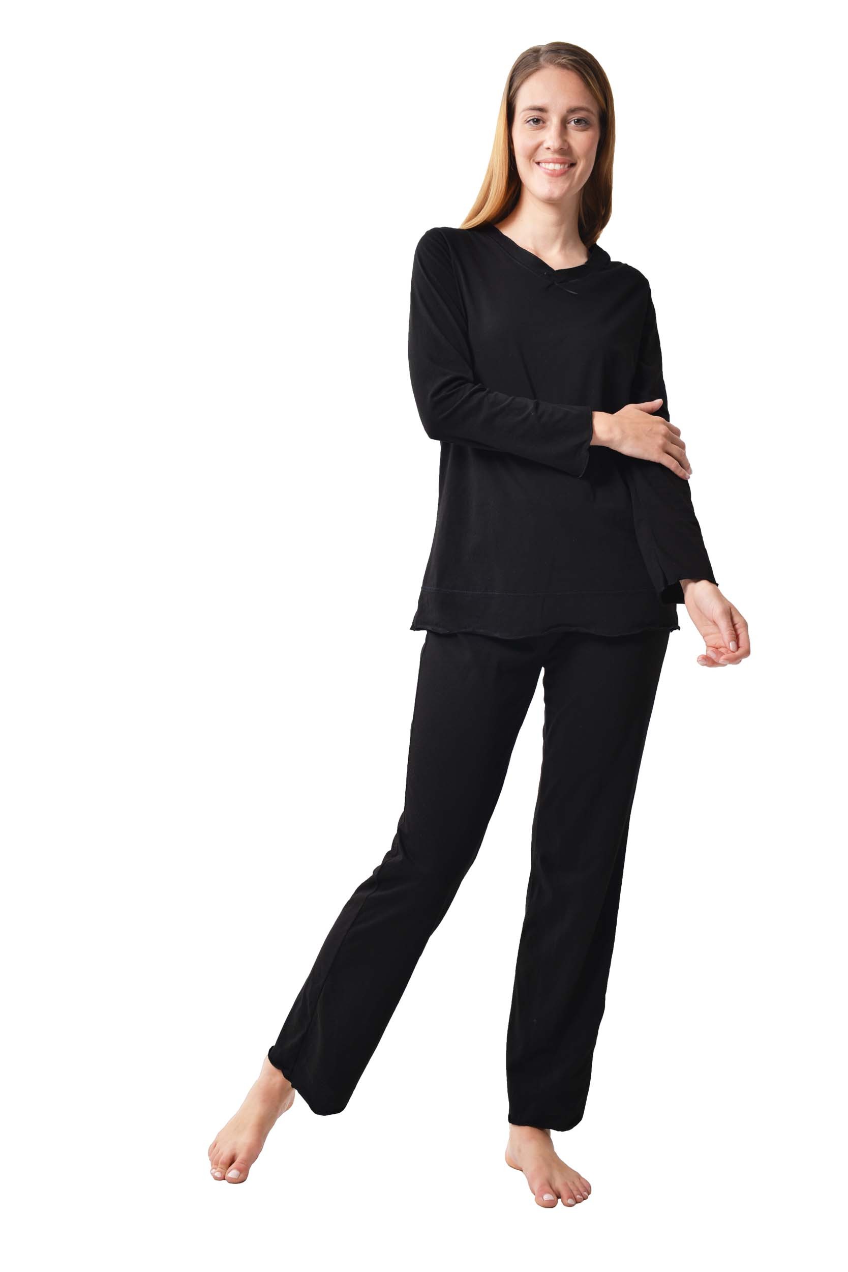 DESEN Damen Deluxe Pyjama aus 100% Baumwolle mit langen Ärmeln, Schlafanzugoberteil mit V-Ausschnitt, Schlafanzughose