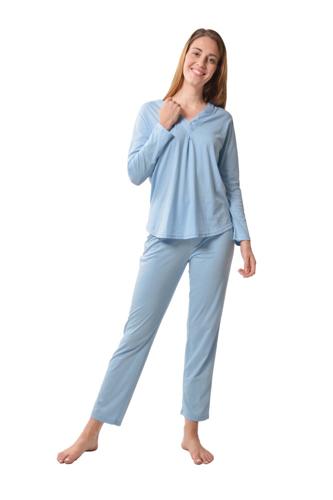 DESEN Damen Deluxe Pyjama aus 100% Baumwolle, Schlafanzug Oberteil, Schlafanzug Hose,  V-Ausschnittoberteil mit Pailletten Strasssteinen und Anhänger