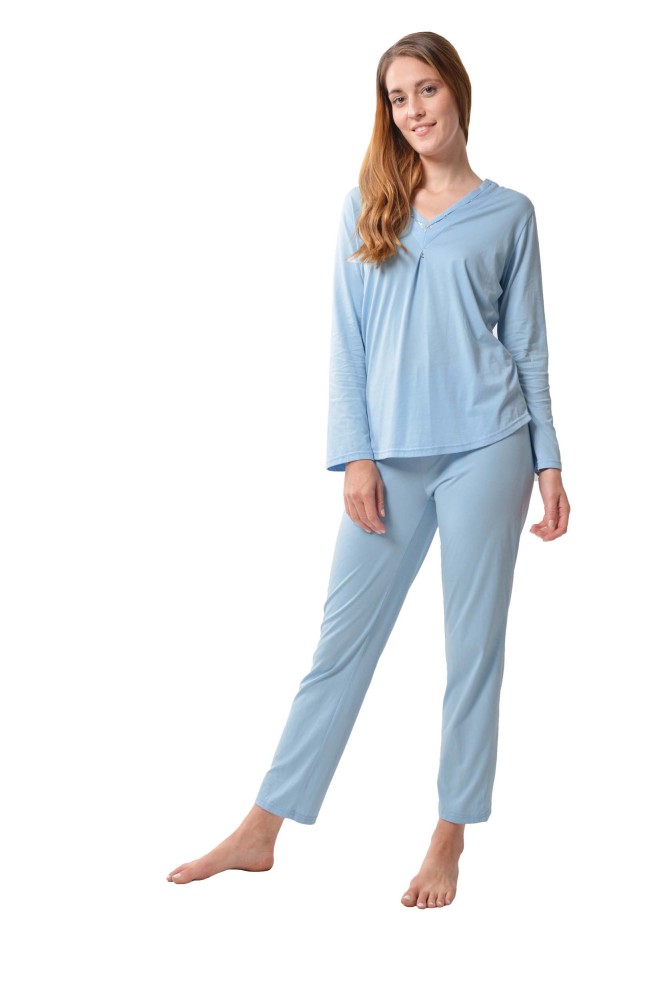 DESEN Damen Deluxe Pyjama aus 100% Baumwolle, Schlafanzug Oberteil, Schlafanzug Hose,  V-Ausschnittoberteil mit Pailletten Strasssteinen und Anhänger