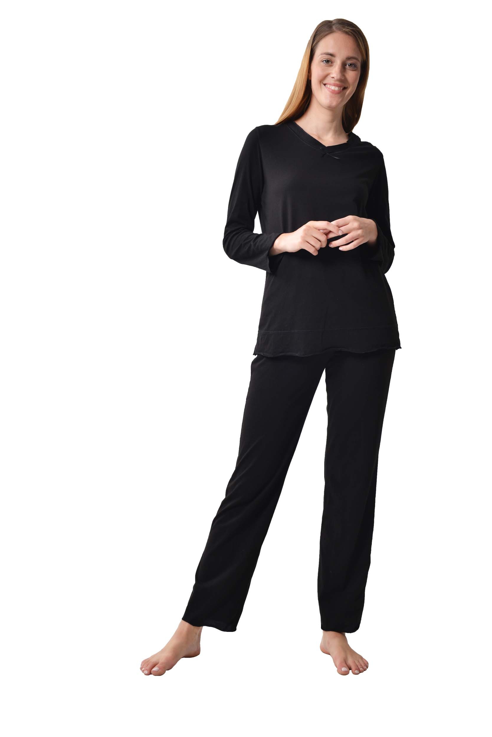 DESEN Damen Deluxe Pyjama aus 100% Baumwolle mit langen Ärmeln, Schlafanzugoberteil mit V-Ausschnitt, Schlafanzughose