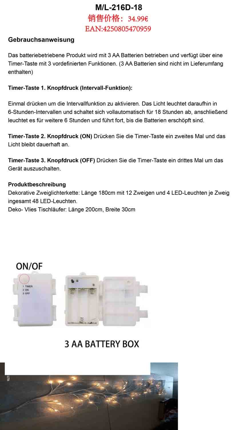 Lichtdekoration, Ambiente-Ast und Vlies Tischläufer 200cm x 30cm, 12 Lichterzweige, warmweißes Entspannungslicht, 1.8 Meter mit 48 LED’s