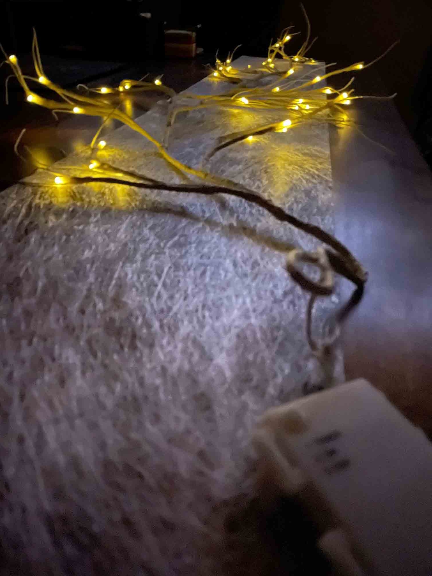 Lichtdekoration, Ambiente-Ast und Vlies Tischläufer 200cm x 30cm, 12 Lichterzweige, warmweißes Entspannungslicht, 1.8 Meter mit 48 LED’s