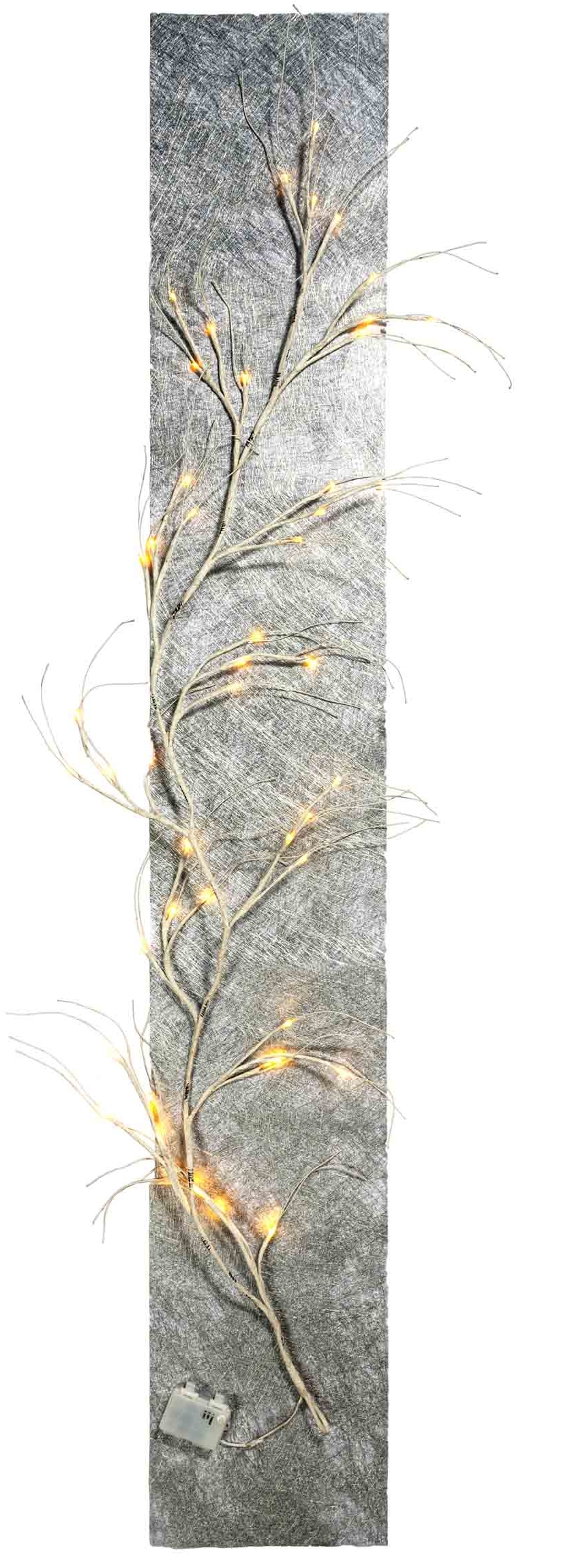 Lichtdekoration, Ambiente-Ast und Vlies Tischläufer 200cm x 30cm, 12 Lichterzweige, warmweißes Entspannungslicht, 1.8 Meter mit 48 LED’s