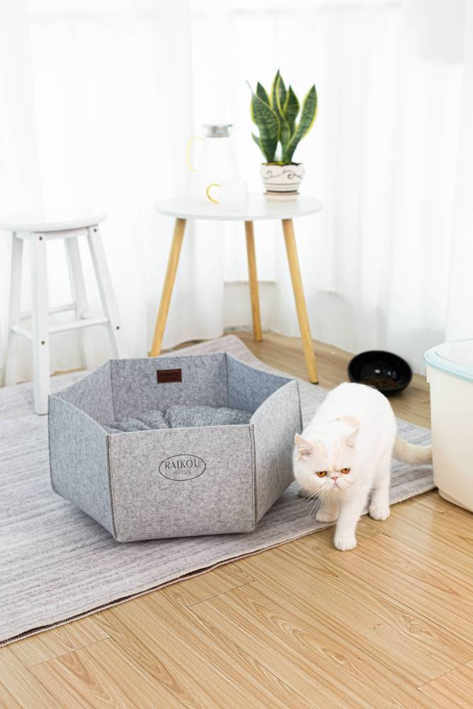Katzenkorb aus Filz inkl. Kissen. Kuscheliger Rückzugsort und Katzenbett Katzennest, Filzbett, Filzkorb, Haustierbett (HellGrau)