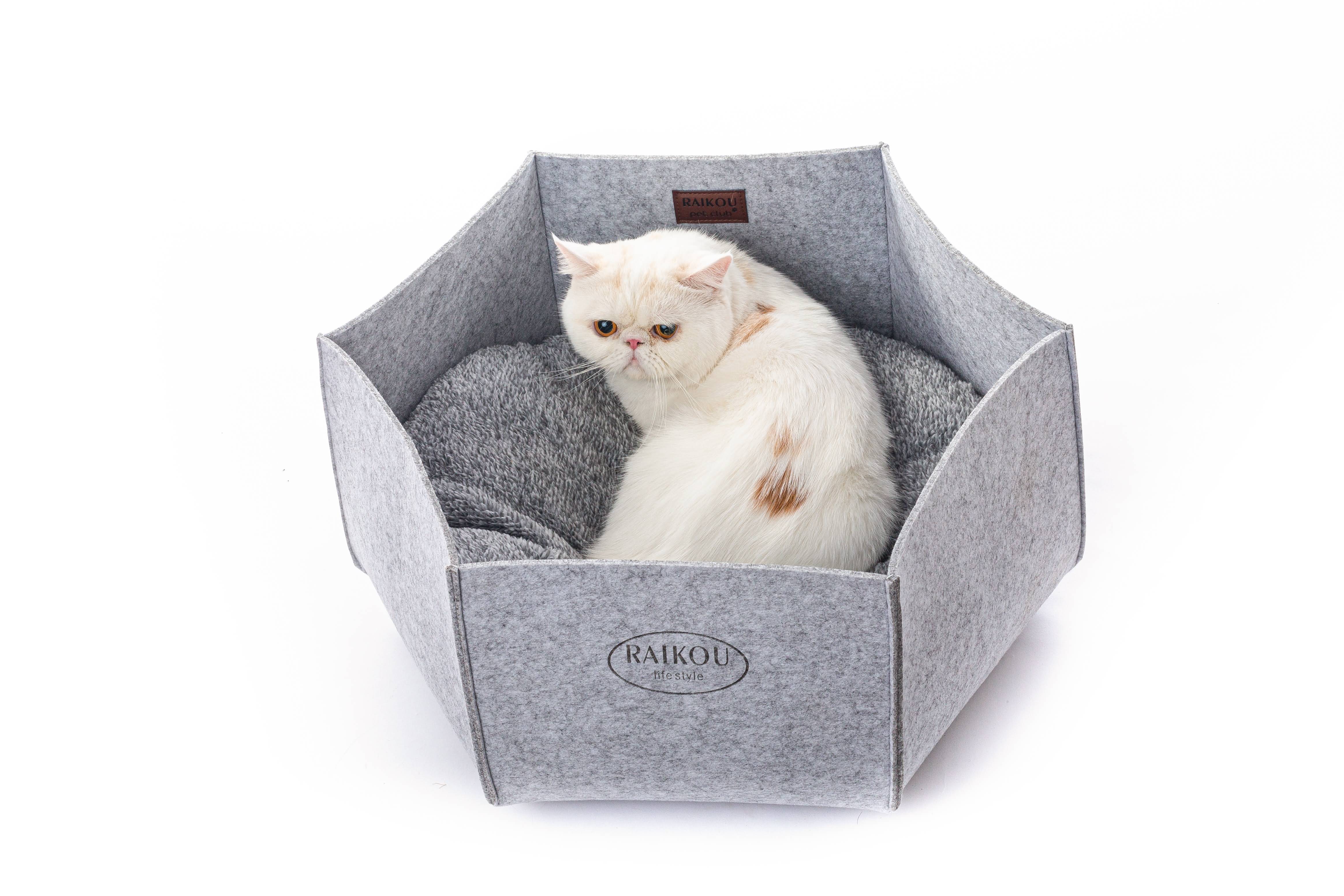 Katzenkorb aus Filz inkl. Kissen. Kuscheliger Rückzugsort und Katzenbett Katzennest, Filzbett, Filzkorb, Haustierbett (HellGrau)
