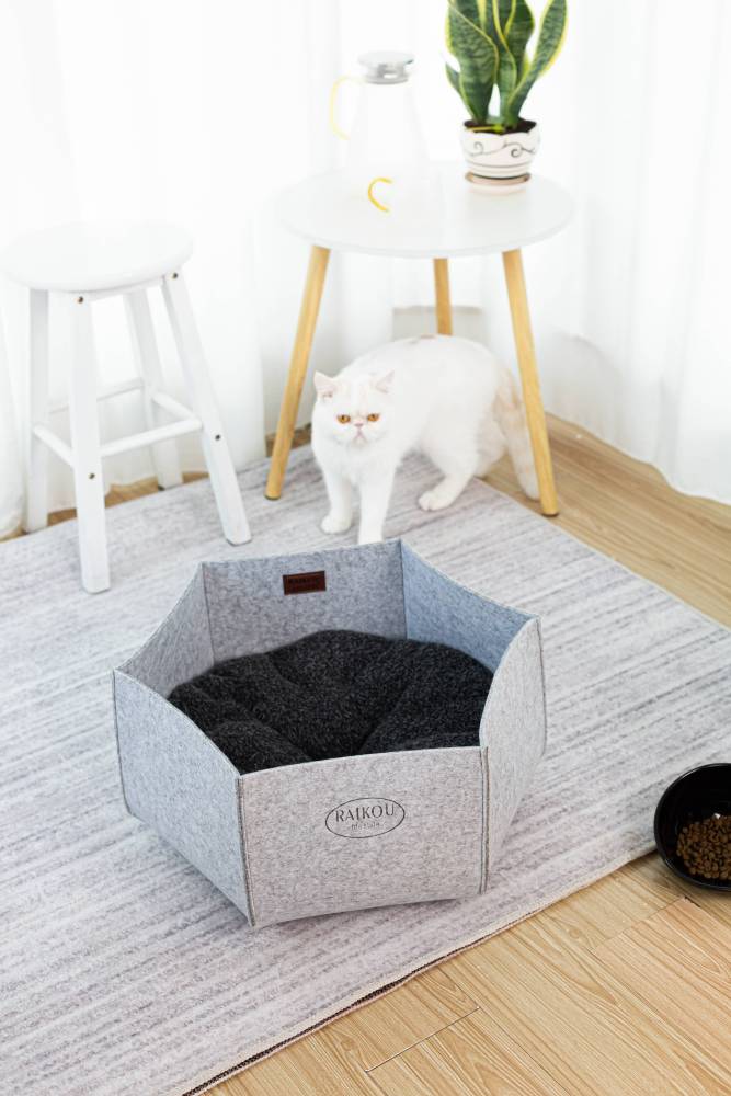 Katzenkorb aus Filz inkl. Kissen. Kuscheliger Rückzugsort und Katzenbett Katzennest, Filzbett, Filzkorb, Haustierbett (HellGrau)