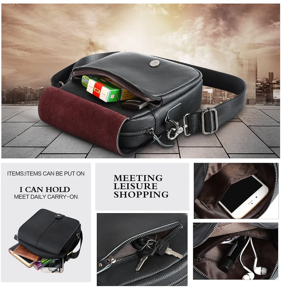 Leder Umhängetasche kleine Schultertasche Messenger Bag mit viel funktionellen Fächern für Herren
