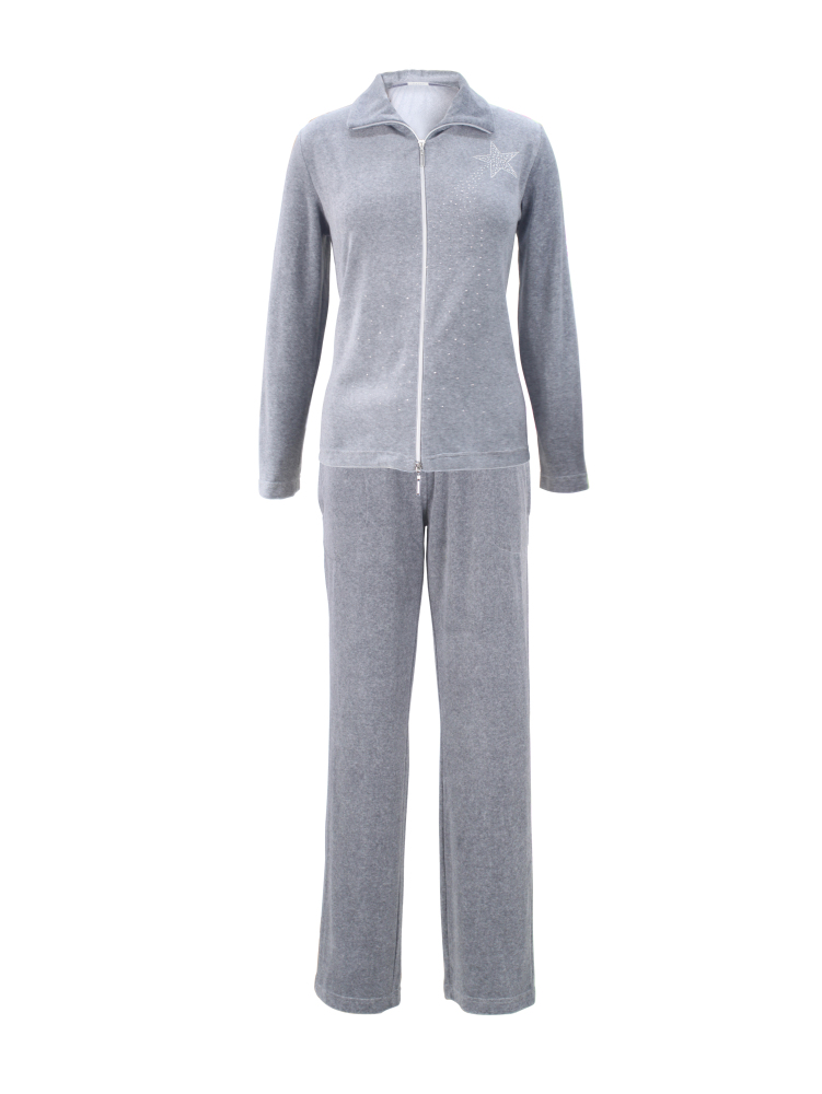 DESEN Damen Velours Nicki Freizeitanzug Fitnessanzug Hausanzug Jogginganzug Nicki-Anzug mit Reißverschluss und Glitzersteinen