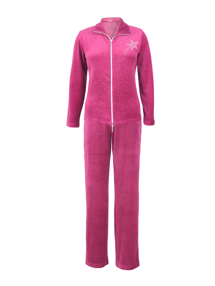 DESEN Damen Velours Nicki Freizeitanzug Fitnessanzug Hausanzug Jogginganzug Nicki-Anzug mit Reißverschluss und Glitzersteinen