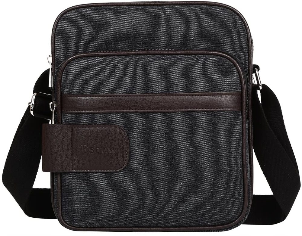 Herren Canvas Umhängetasche klein Schultertasche Damen Herren Mini Tasche Retro Cross Body Tasche Handtasche mit vielen Fächern schwarz