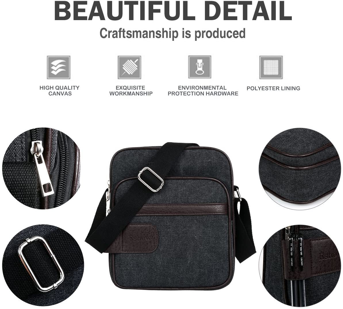 Herren Canvas Umhängetasche klein Schultertasche Damen Herren Mini Tasche Retro Cross Body Tasche Handtasche mit vielen Fächern schwarz