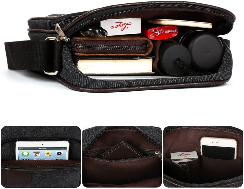 Herren Canvas Umhängetasche klein Schultertasche Damen Herren Mini Tasche Retro Cross Body Tasche Handtasche mit vielen Fächern schwarz