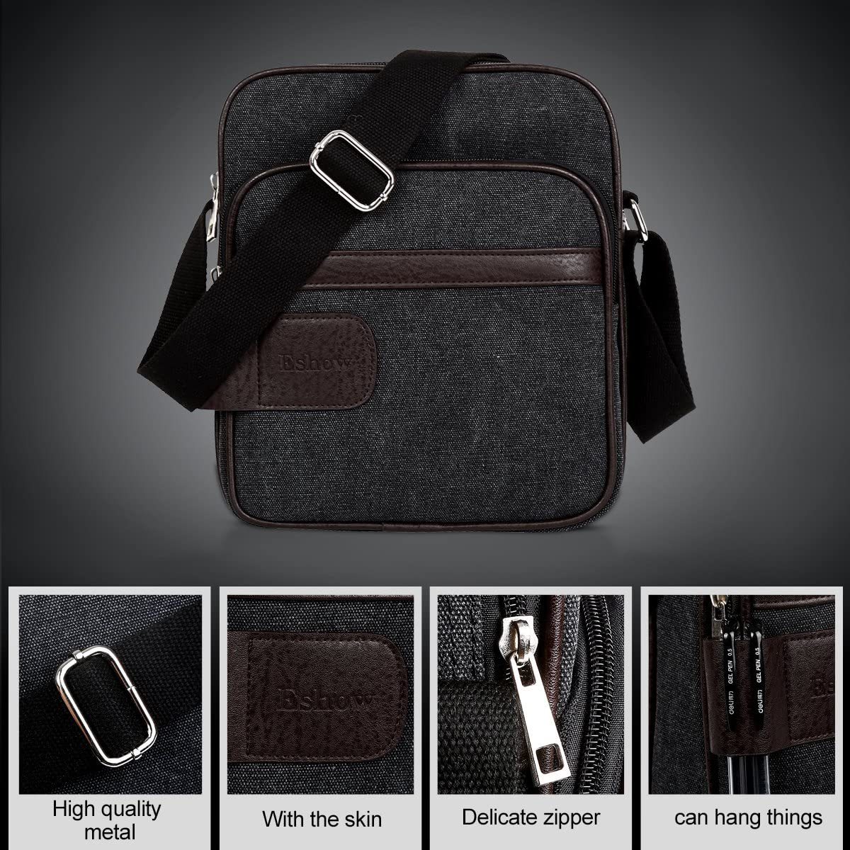 Herren Canvas Umhängetasche klein Schultertasche Damen Herren Mini Tasche Retro Cross Body Tasche Handtasche mit vielen Fächern schwarz