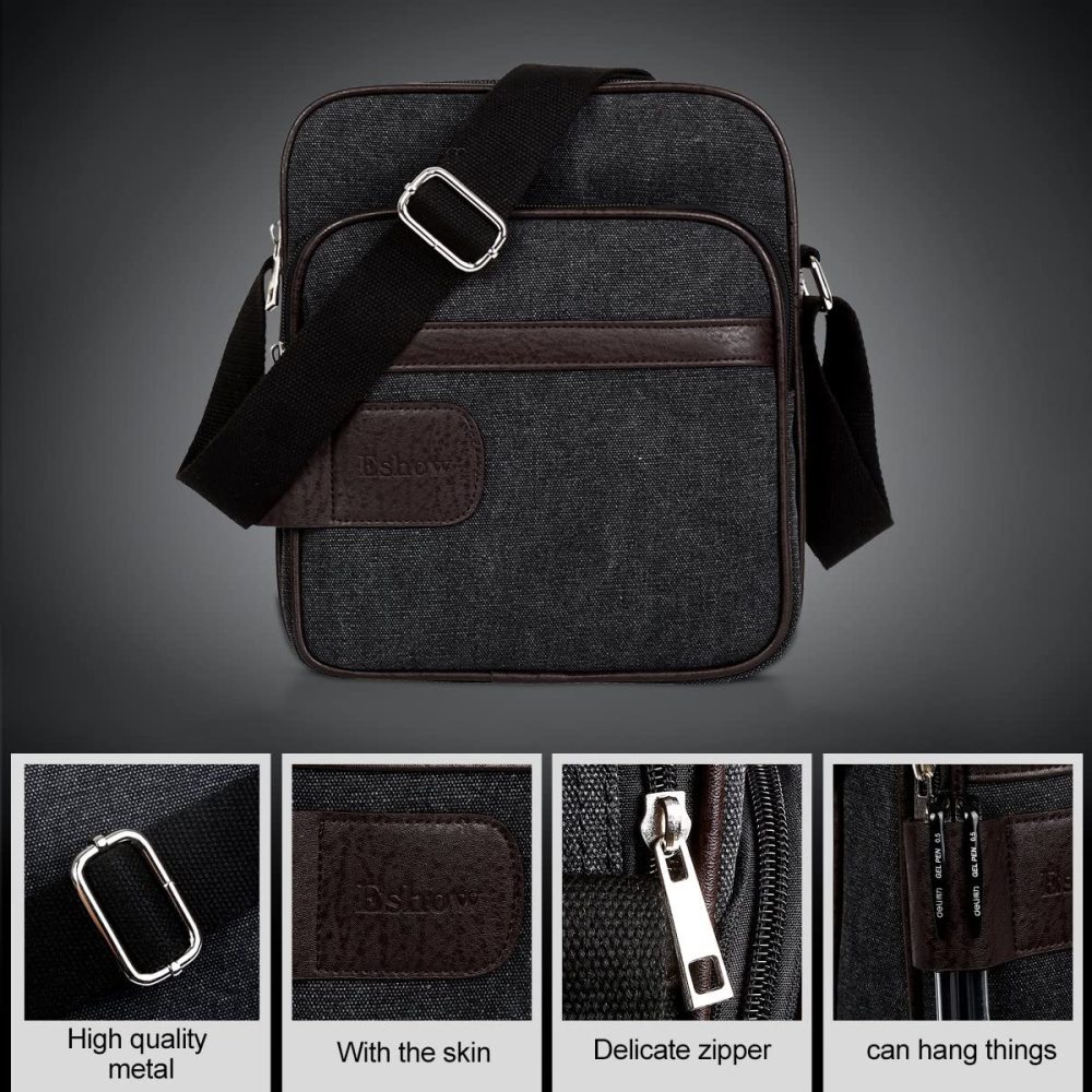 Herren Canvas Umhängetasche klein Schultertasche Damen Herren Mini Tasche Retro Cross Body Tasche Handtasche mit vielen Fächern schwarz