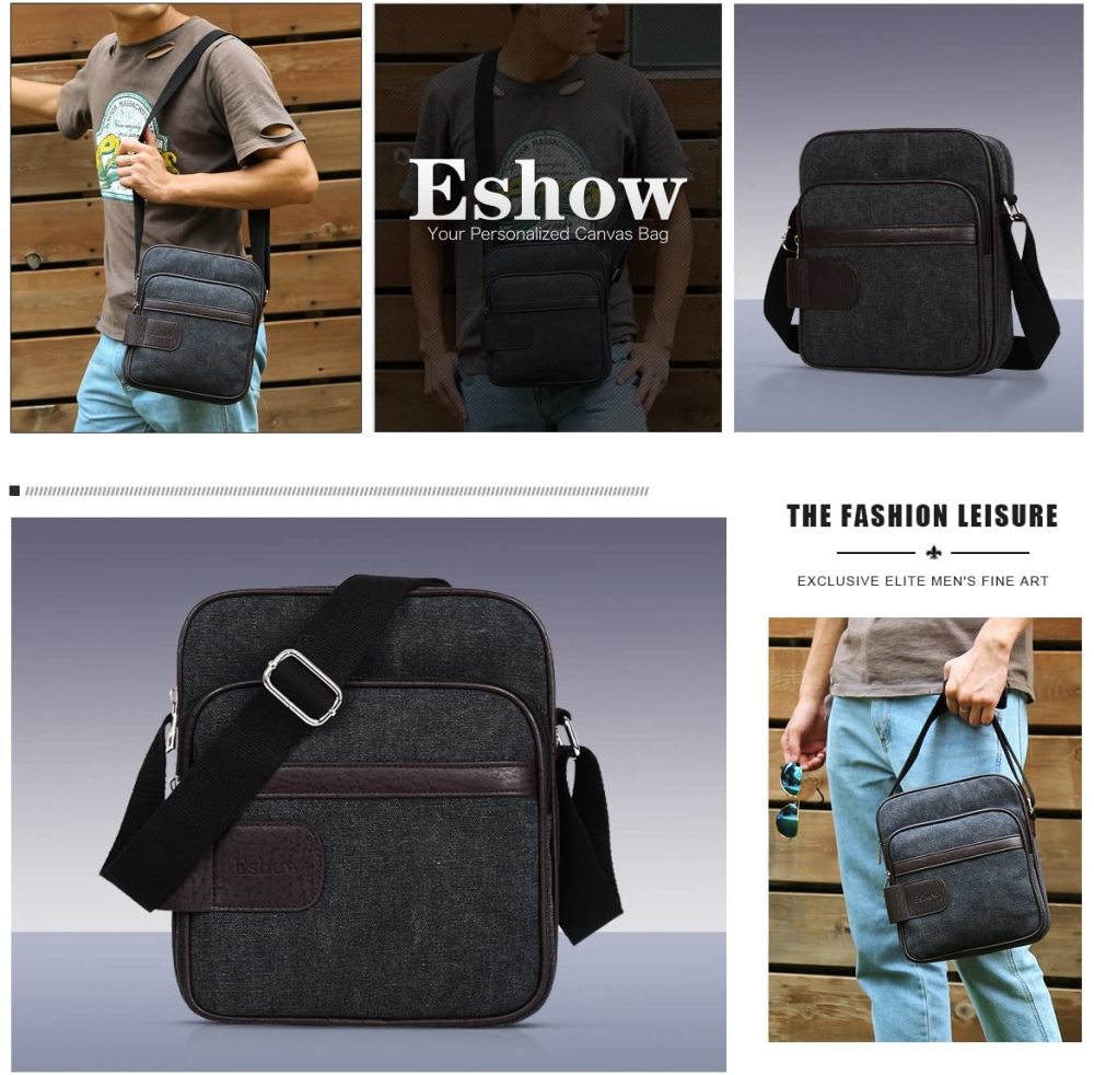 Herren Canvas Umhängetasche klein Schultertasche Damen Herren Mini Tasche Retro Cross Body Tasche Handtasche mit vielen Fächern schwarz