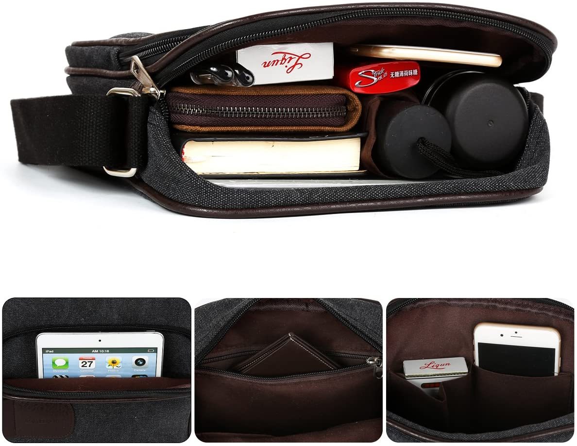 Herren Canvas Umhängetasche klein Schultertasche Damen Herren Mini Tasche Retro Cross Body Tasche Handtasche mit vielen Fächern schwarz