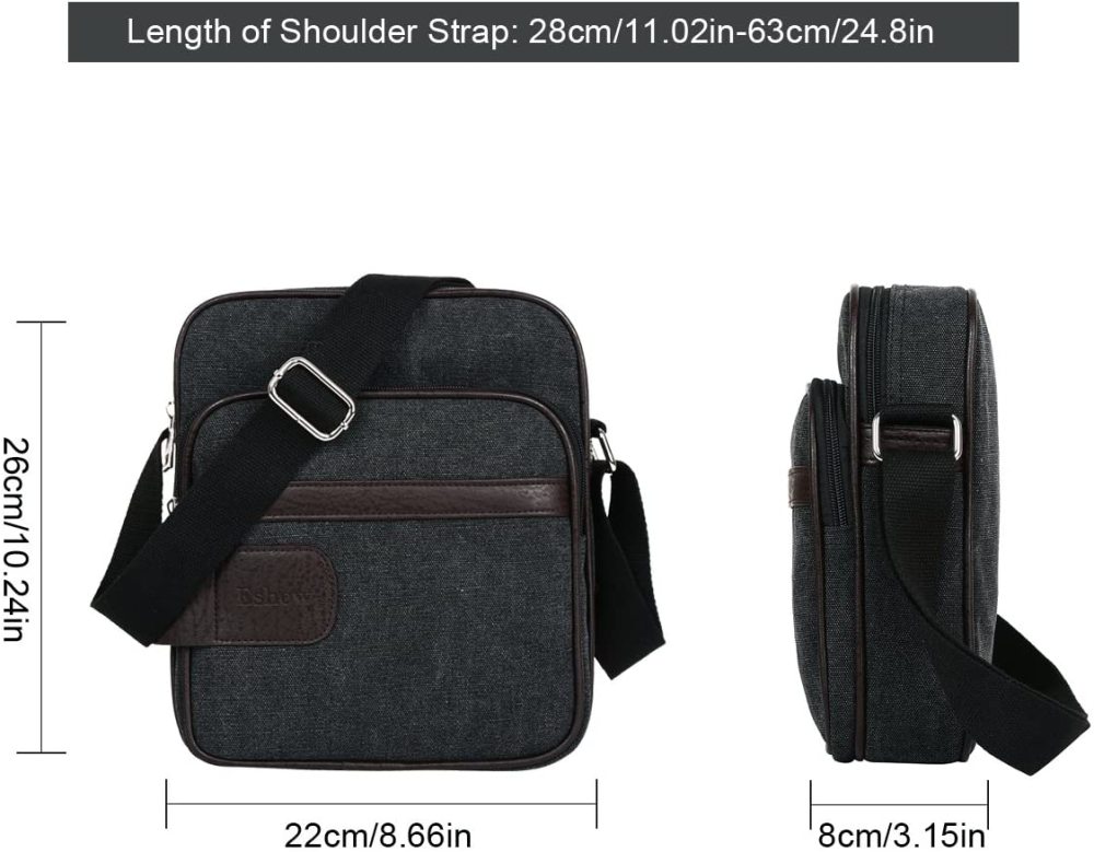 Herren Canvas Umhängetasche klein Schultertasche Damen Herren Mini Tasche Retro Cross Body Tasche Handtasche mit vielen Fächern schwarz