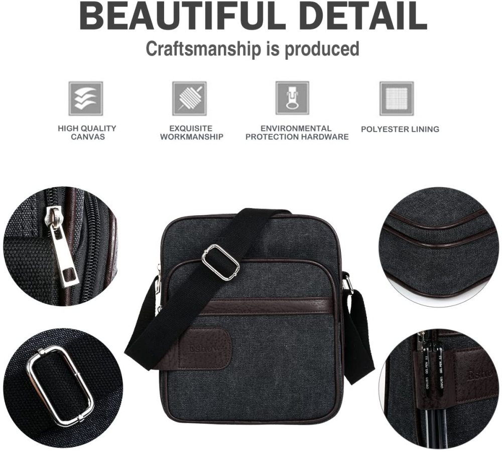 Herren Canvas Umhängetasche klein Schultertasche Damen Herren Mini Tasche Retro Cross Body Tasche Handtasche mit vielen Fächern schwarz