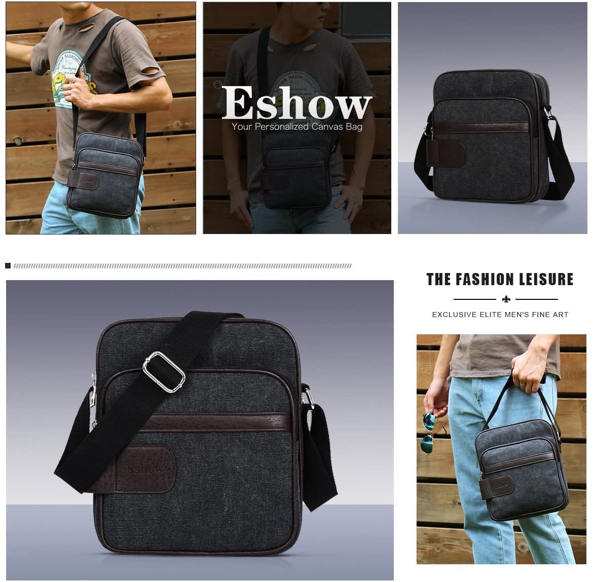 Herren Canvas Umhängetasche klein Schultertasche Damen Herren Mini Tasche Retro Cross Body Tasche Handtasche mit vielen Fächern schwarz