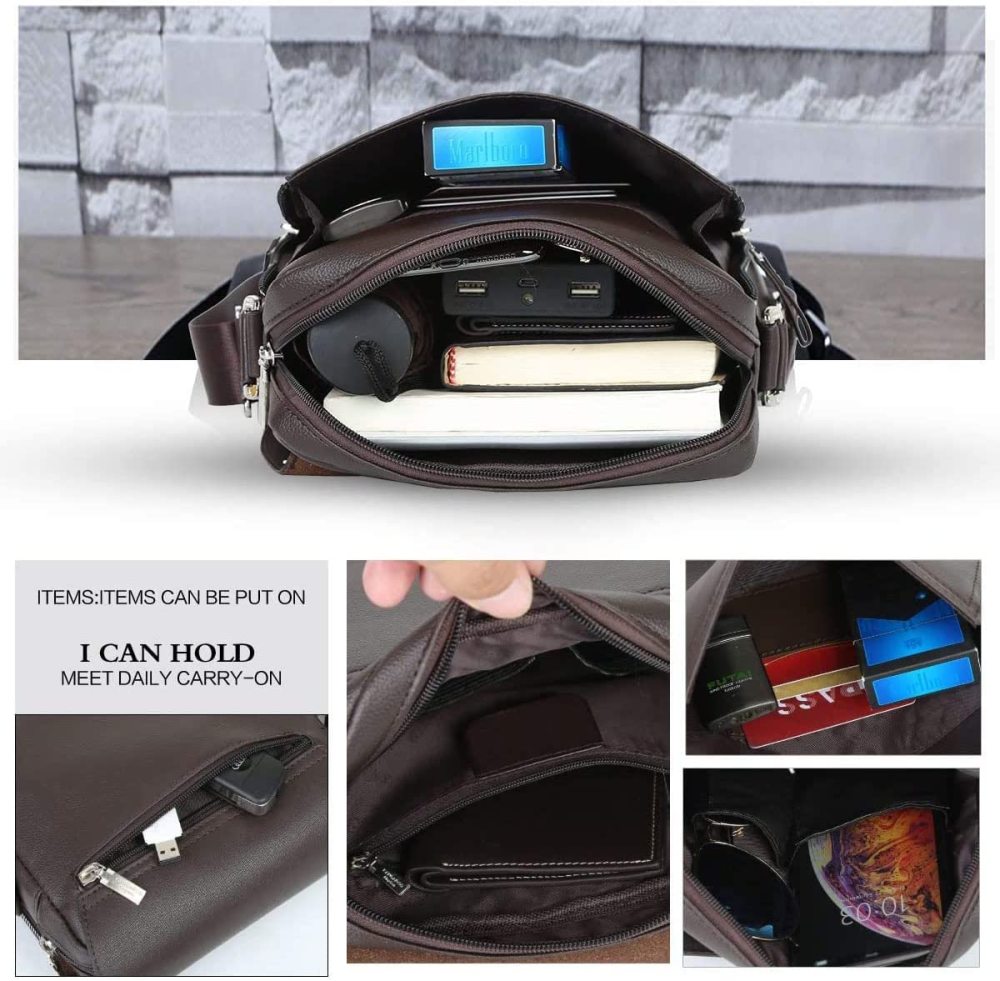 Herren Umhängetasche PU Leder Schultertasche Herrentasche mit Großer Kapazität für Alltag Freizeit Arbeit Schwarz