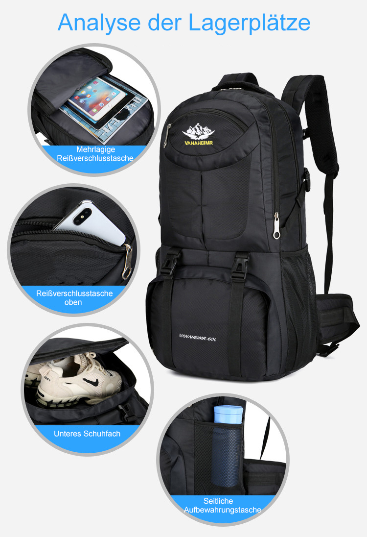 60L Wanderrucksack, MOLLE, Wasserdicht, Trekkingrucksack, Outdoor, bag, Waterproof, Reisetasche, 0.96 kg, 60 Liter, Reisetasche, 62cm * 36cm * 24cm, Daypack, Reiserucksack, Wochendtrip, Justierbar, Ergonomisch