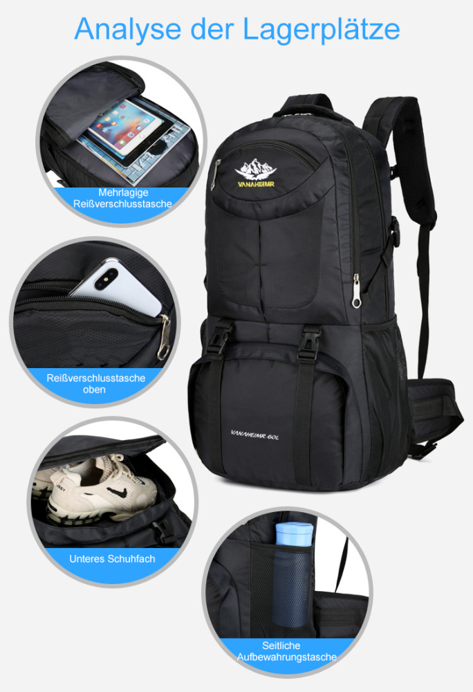 60L Wanderrucksack, MOLLE, Wasserdicht, Trekkingrucksack, Outdoor, bag, Waterproof, Reisetasche, 0.96 kg, 60 Liter, Reisetasche, 62cm * 36cm * 24cm, Daypack, Reiserucksack, Wochendtrip, Justierbar, Ergonomisch