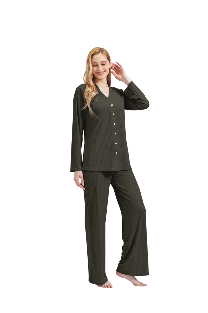 RAIKOU Schlafanzüge Für Damen Lange Schlafanzughose Set Nachtwäsche Hausanzug Freizeitanzug Zweiteiliger V-Ausschnitt Pyjama Set Nachthemd Pyjama Set Nachtwäsche Sleepwear