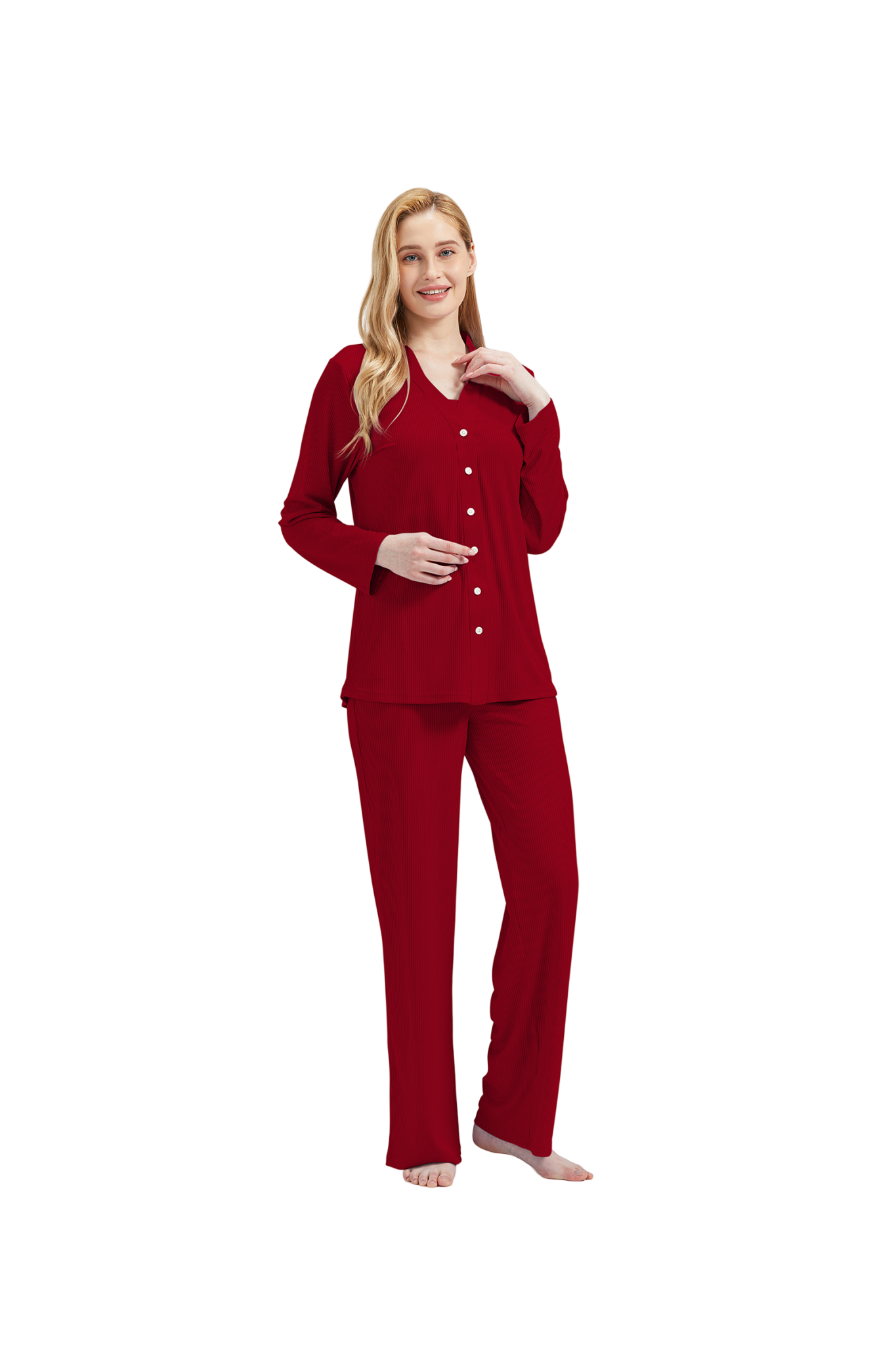 RAIKOU Schlafanzüge Für Damen Lange Schlafanzughose Set Nachtwäsche Hausanzug Freizeitanzug Zweiteiliger V-Ausschnitt Pyjama Set Nachthemd Pyjama Set Nachtwäsche Sleepwear