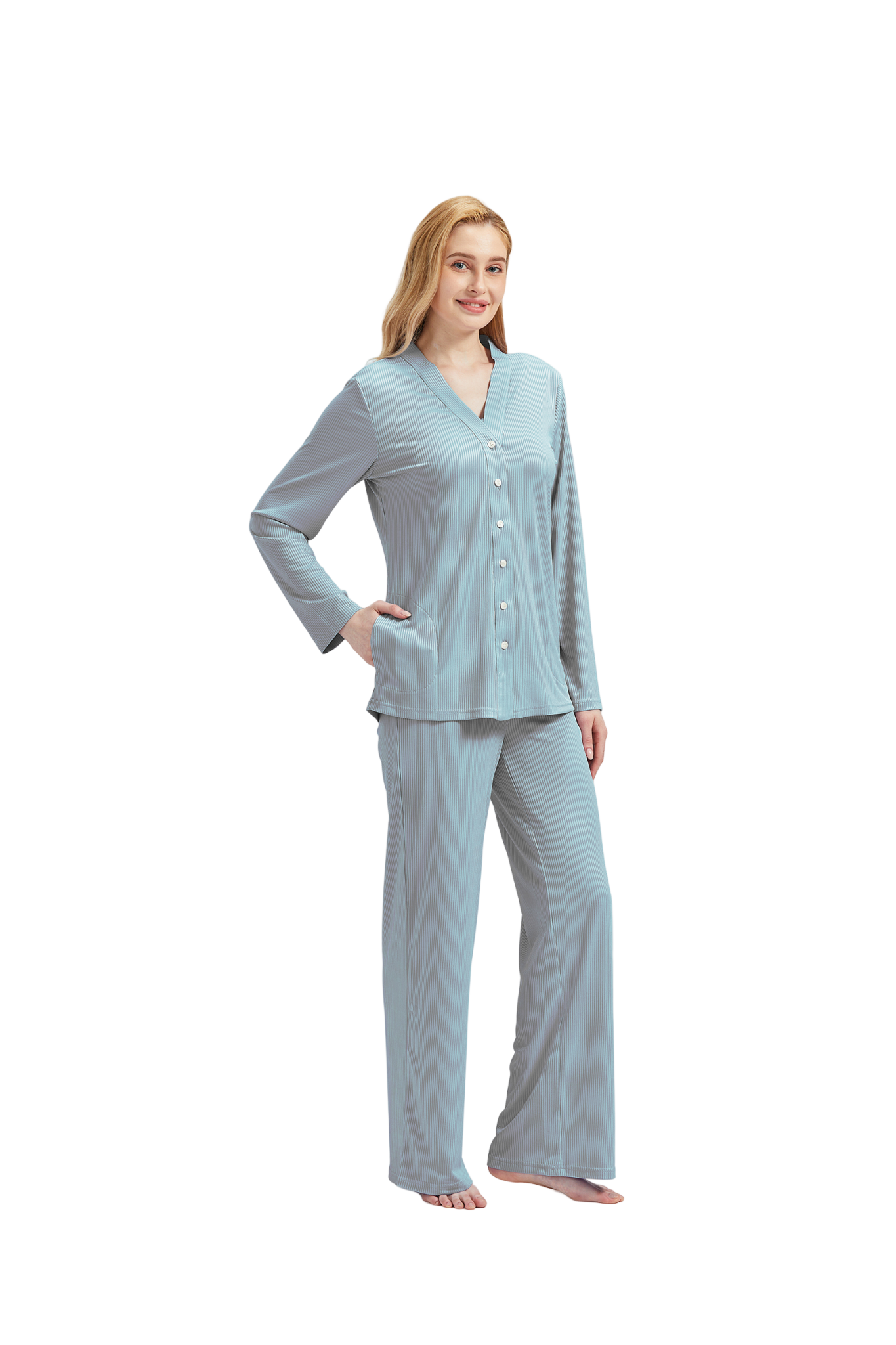 RAIKOU Schlafanzüge Für Damen Lange Schlafanzughose Set Nachtwäsche Hausanzug Freizeitanzug Zweiteiliger V-Ausschnitt Pyjama Set Nachthemd Pyjama Set Nachtwäsche Sleepwear