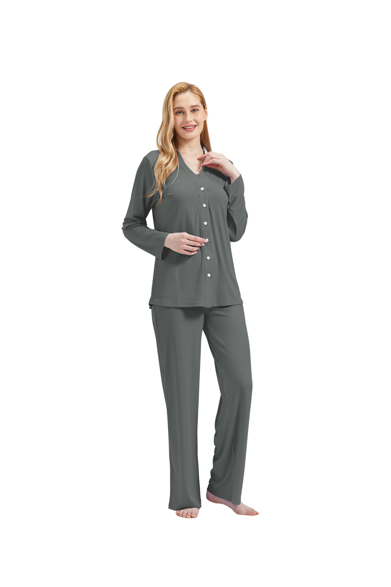 RAIKOU Schlafanzüge Für Damen Lange Schlafanzughose Set Nachtwäsche Hausanzug Freizeitanzug Zweiteiliger V-Ausschnitt Pyjama Set Nachthemd Pyjama Set Nachtwäsche Sleepwear